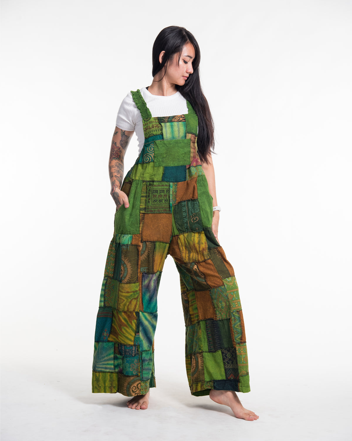 Patchwork Stonewash Overall in Multi Green