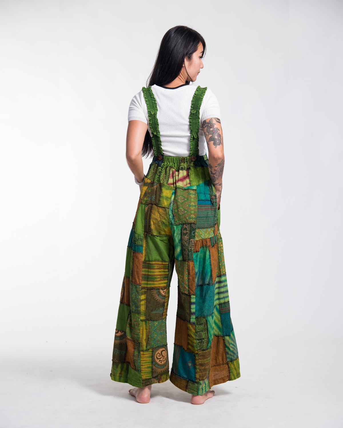 Patchwork Stonewash Overall in Multi Green