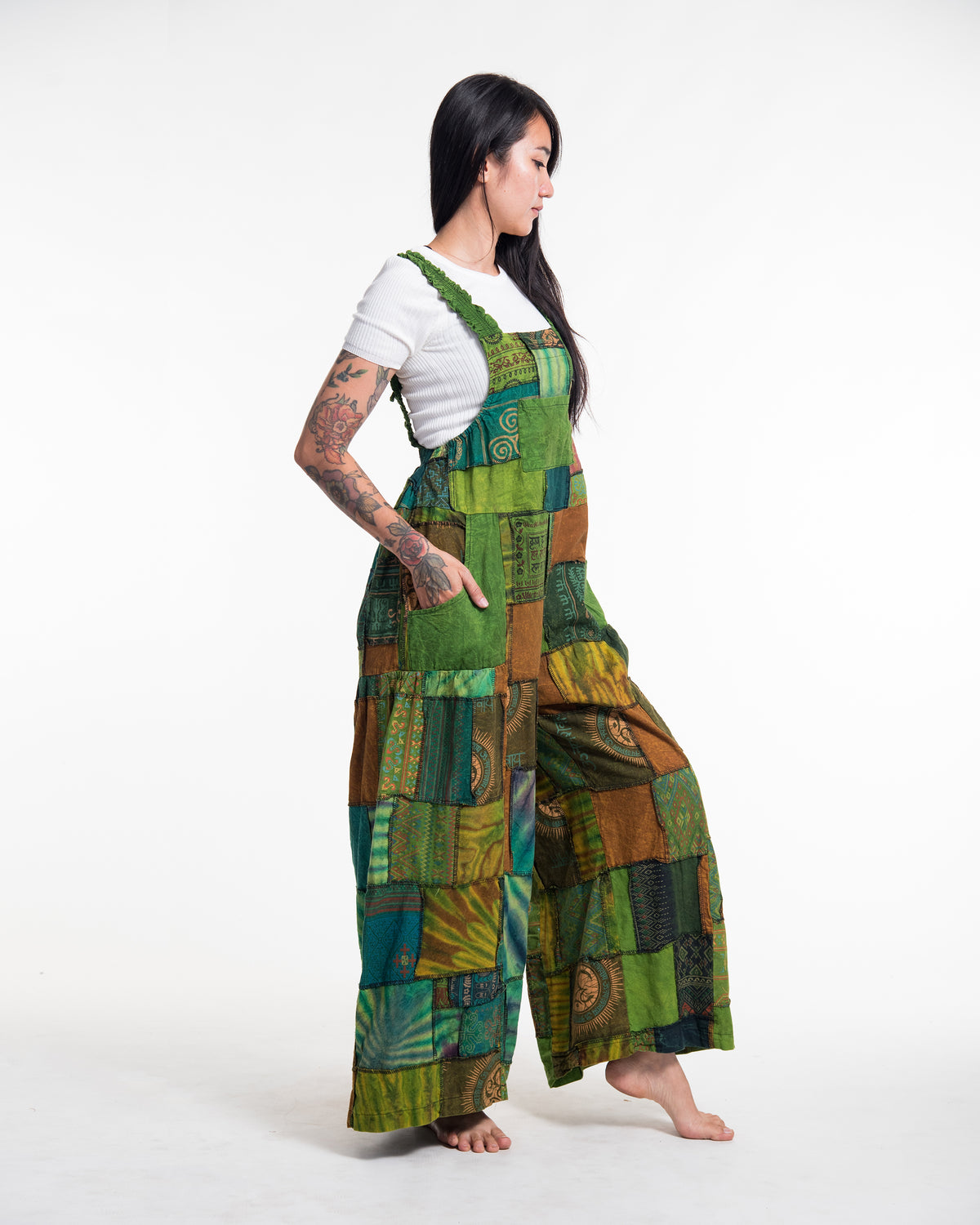 Patchwork Stonewash Overall in Multi Green