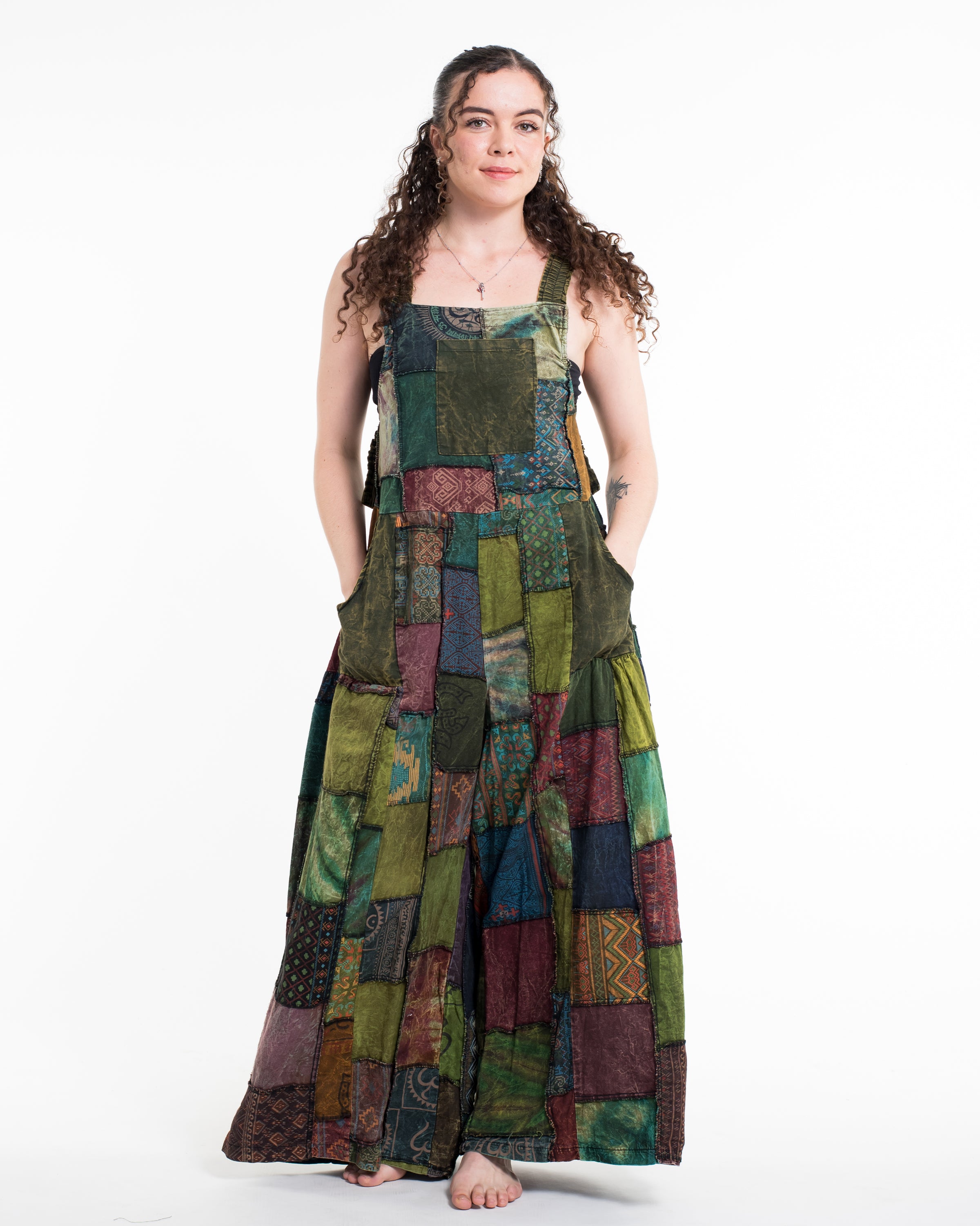 Patchwork Stonewash Overall in Multi Green