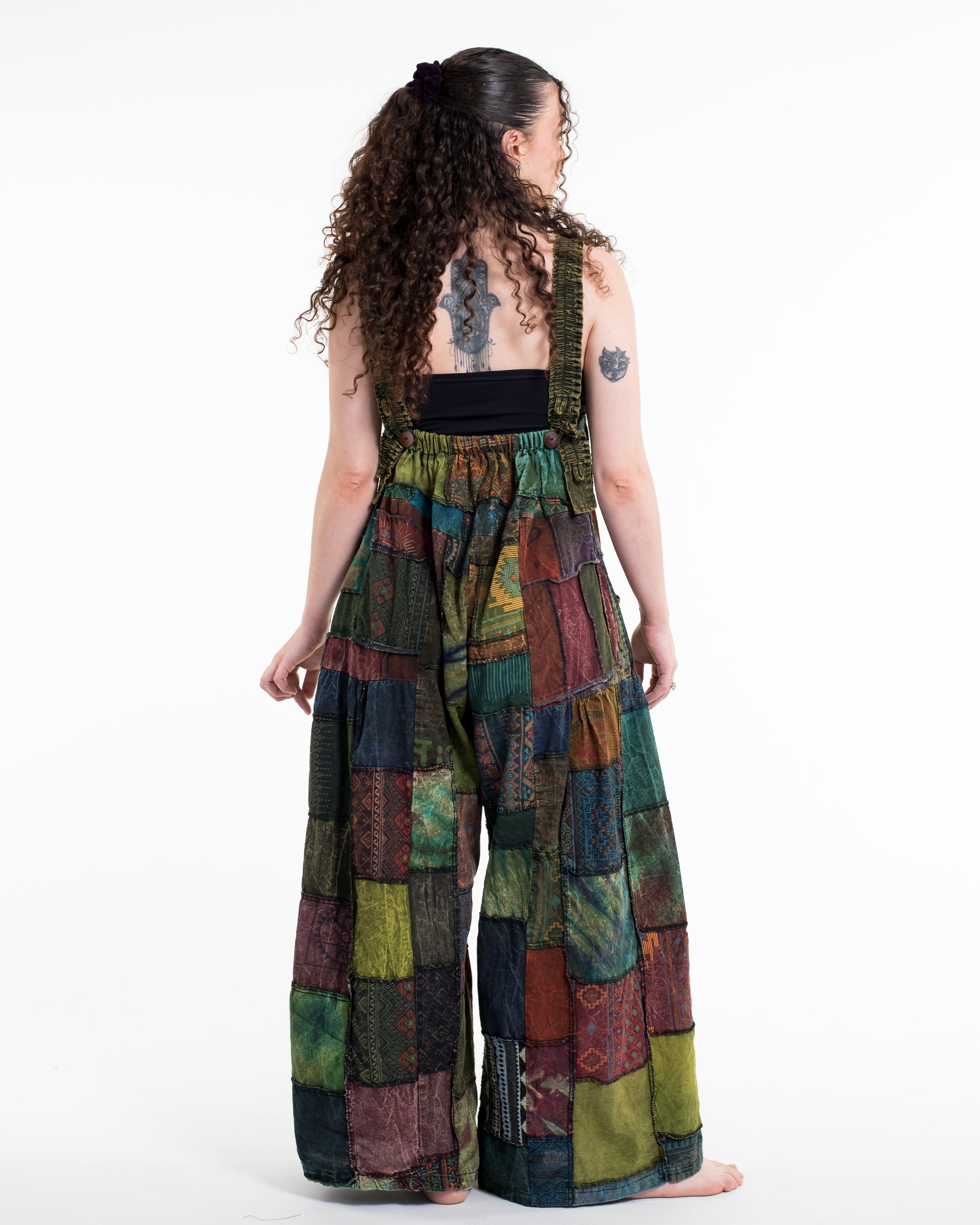Patchwork Stonewash Overall in Multi Green
