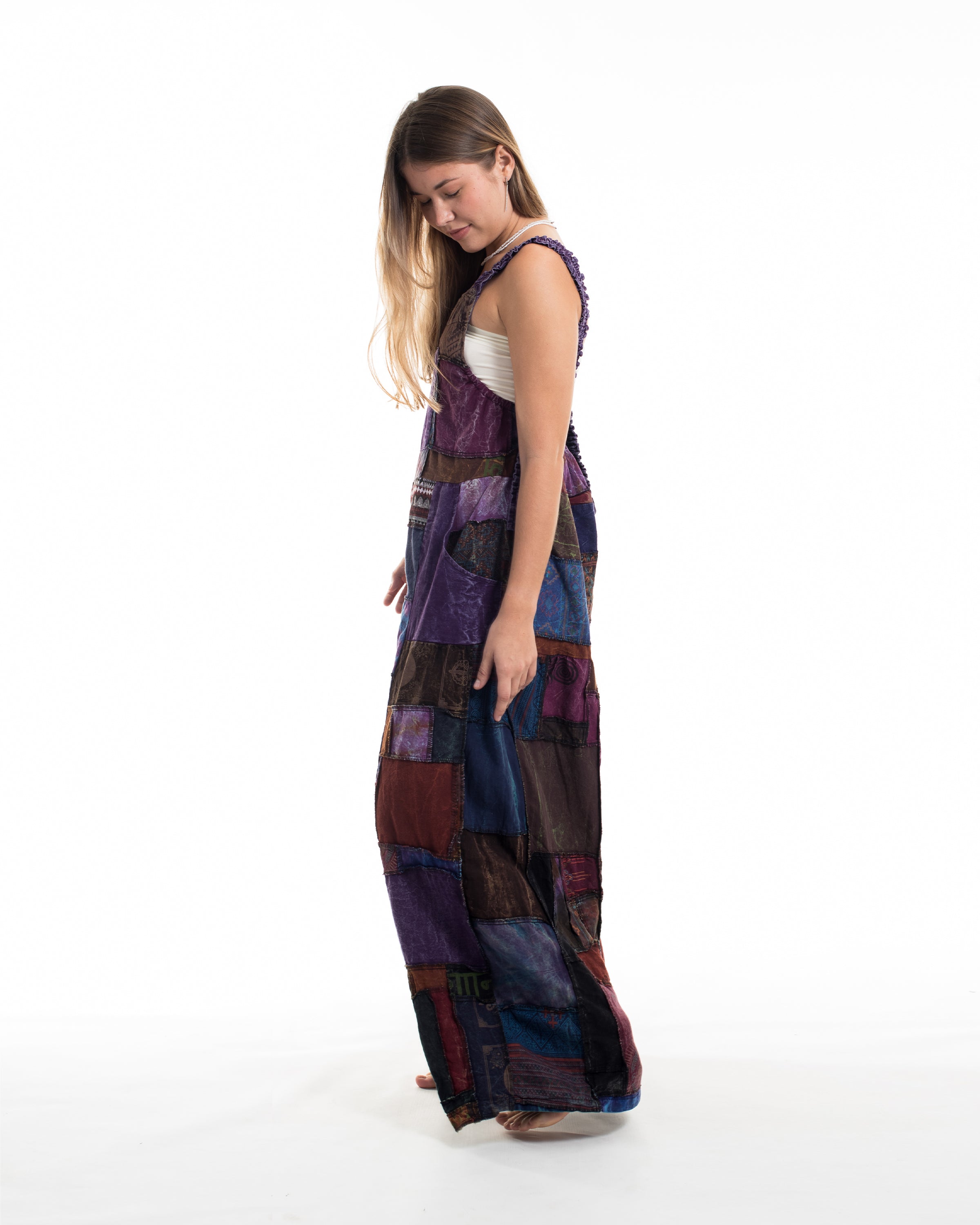 Patchwork Stonewash Overall in Multi Purple