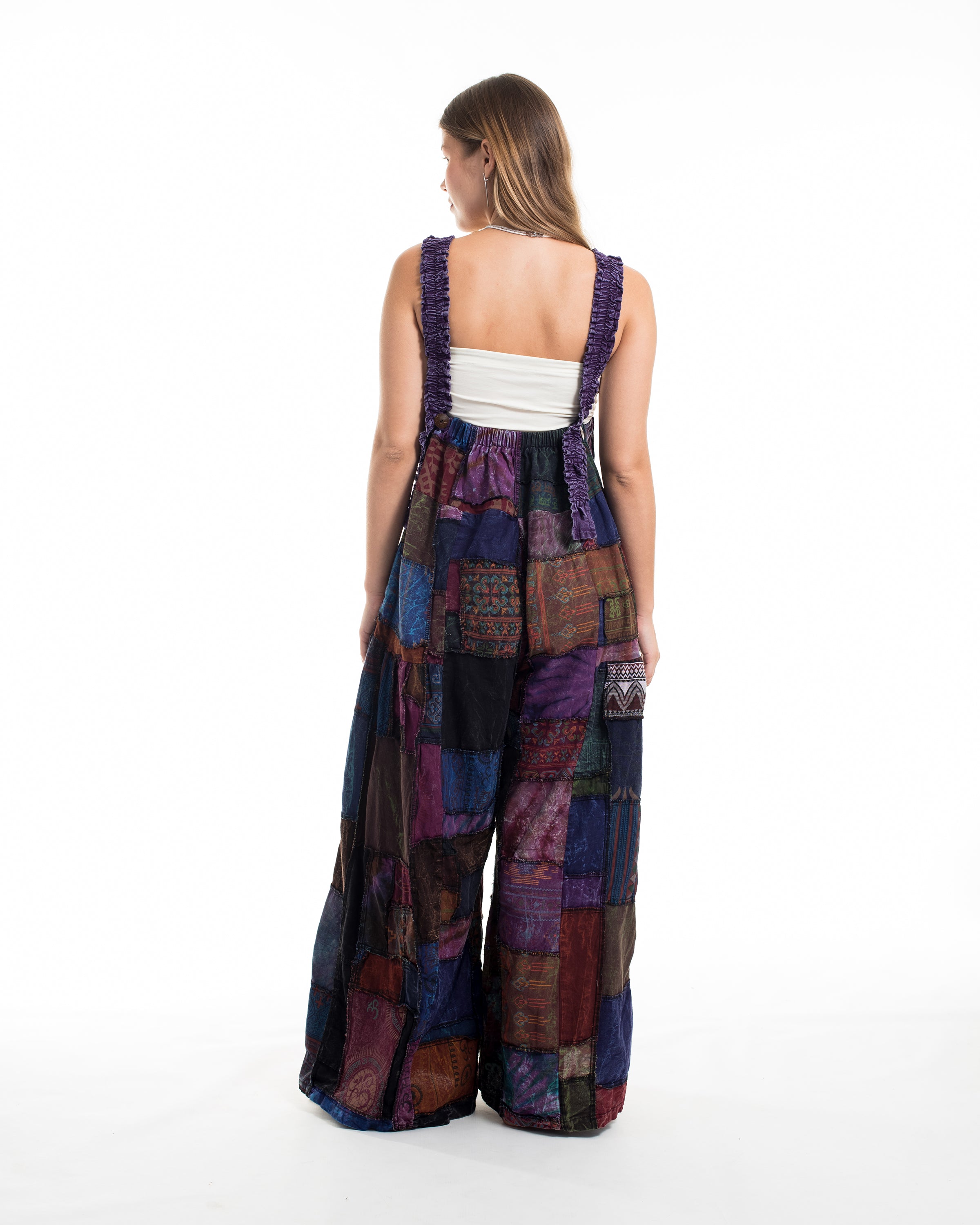 Patchwork Stonewash Overall in Multi Purple
