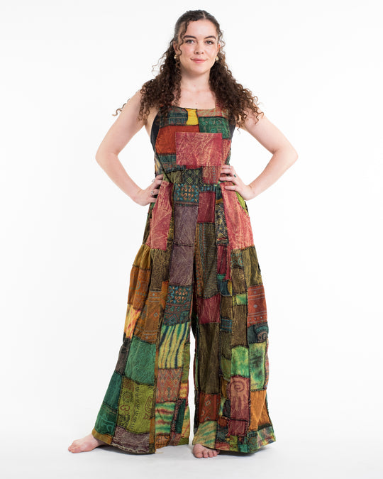 Patchwork Stonewash Overall in Multi Red