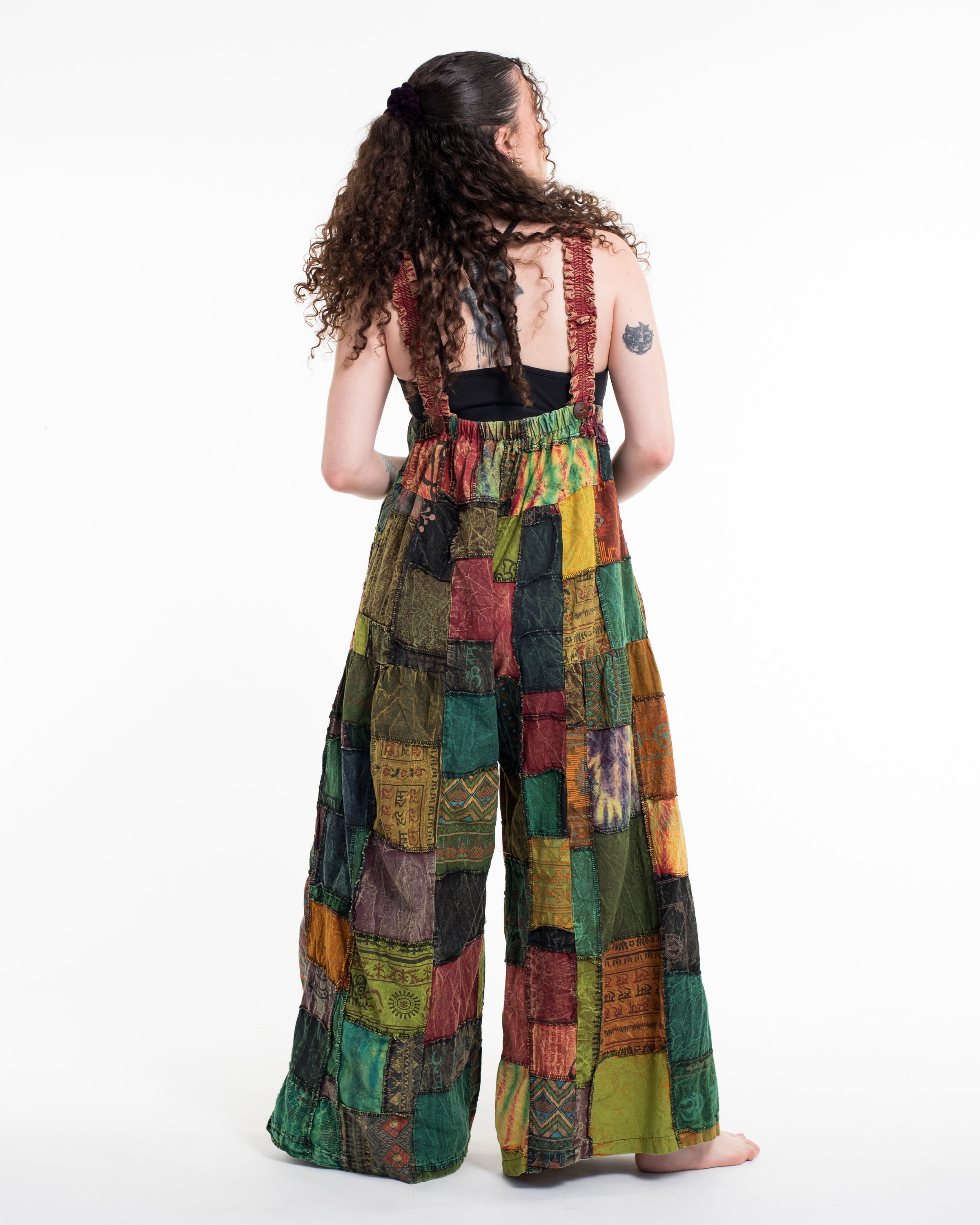 Patchwork Stonewash Overall in Multi Red