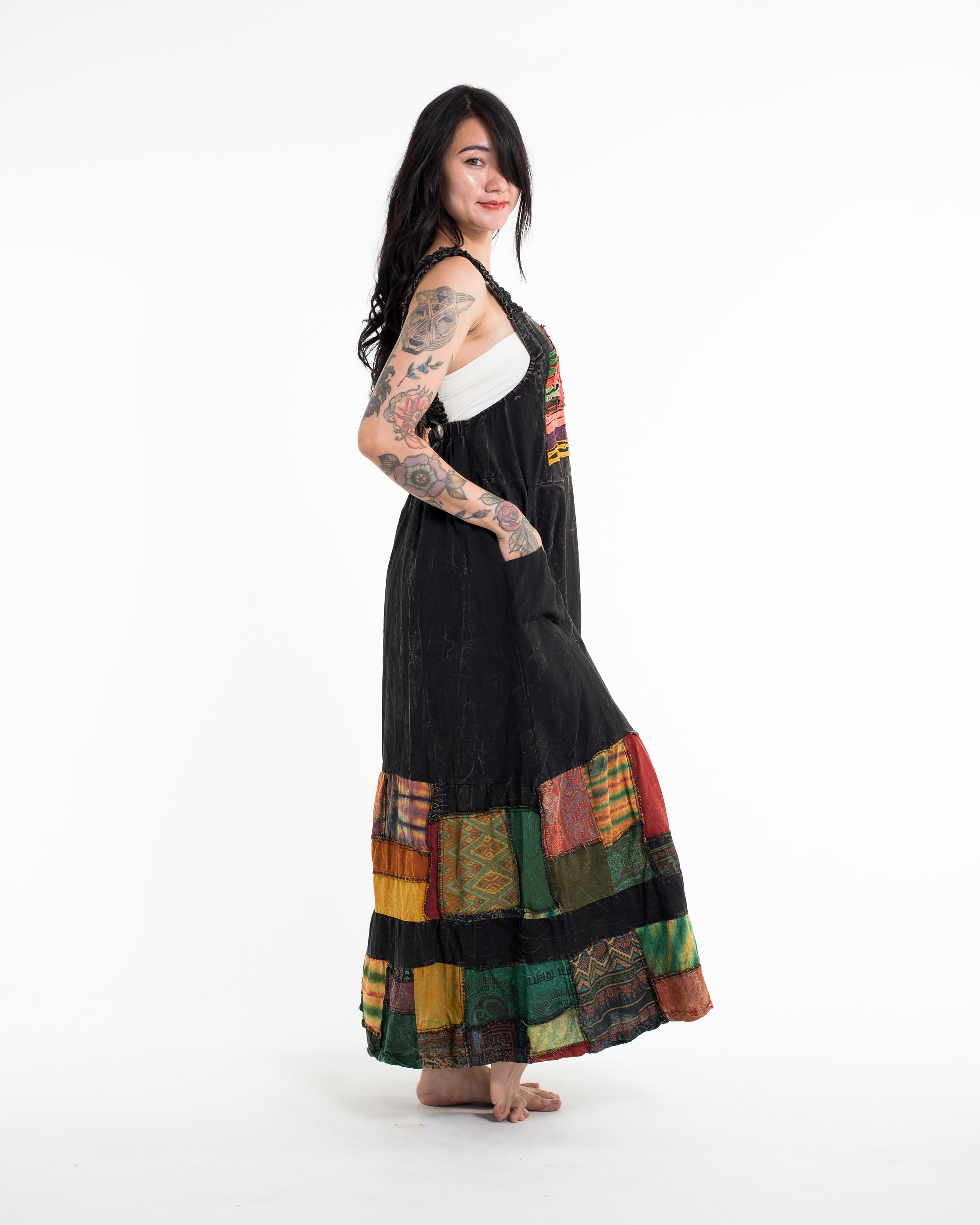 Patchwork Stonewash Overall Dress in Multi Black