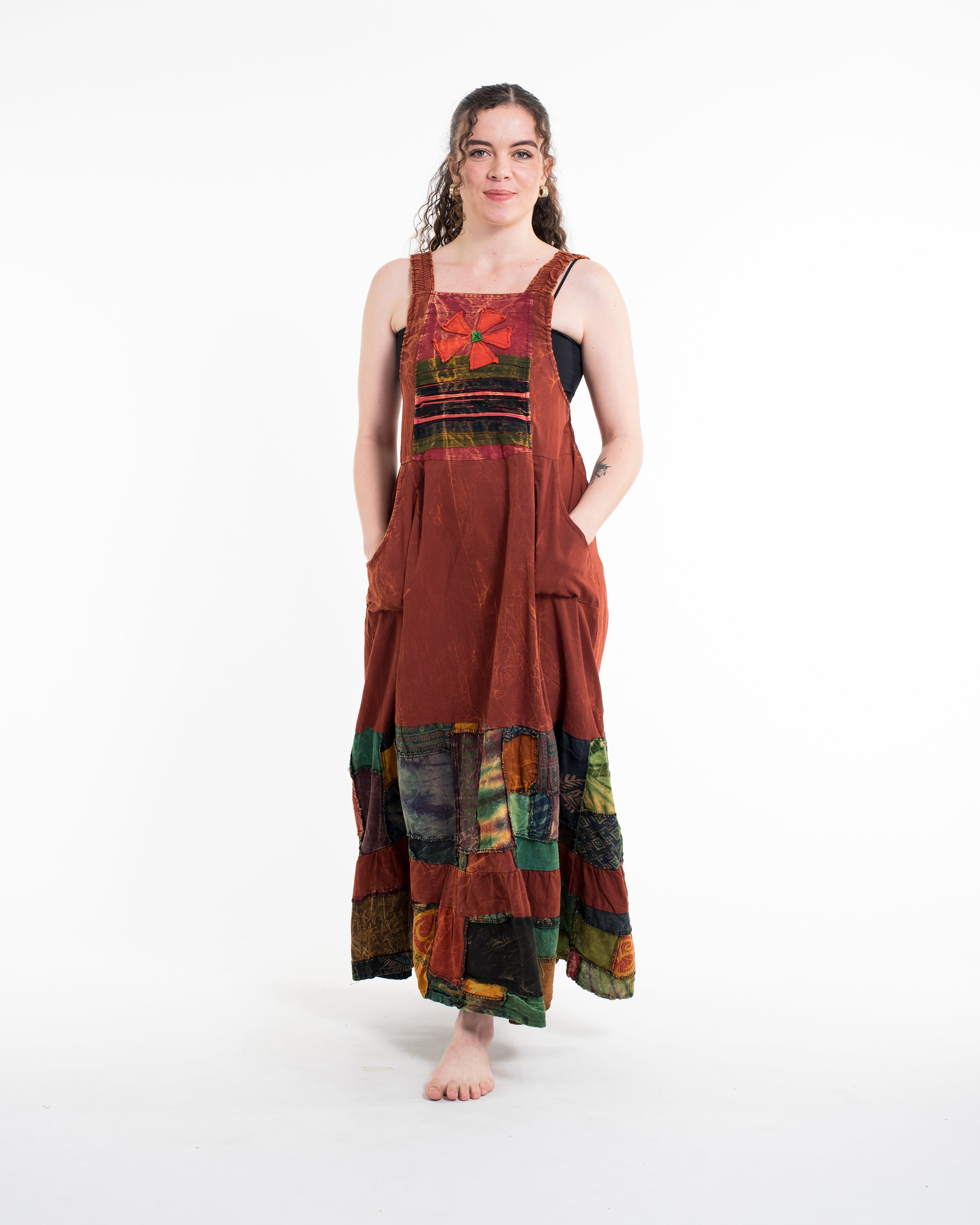 Patchwork Stonewash Overall Dress in Multi Brick