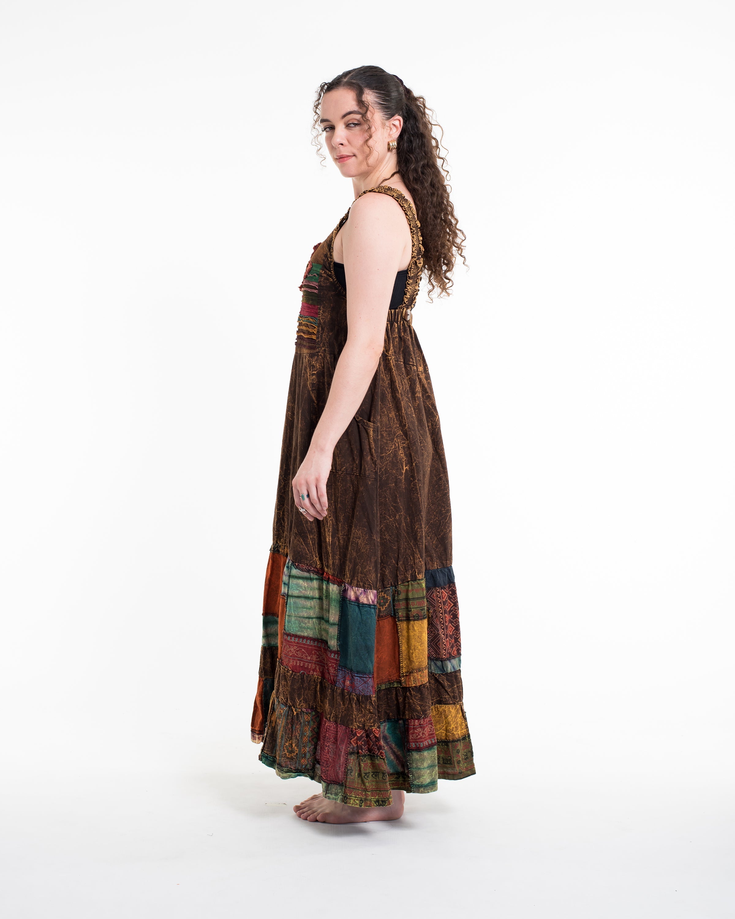 Patchwork Stonewash Overall Dress in Multi Brown