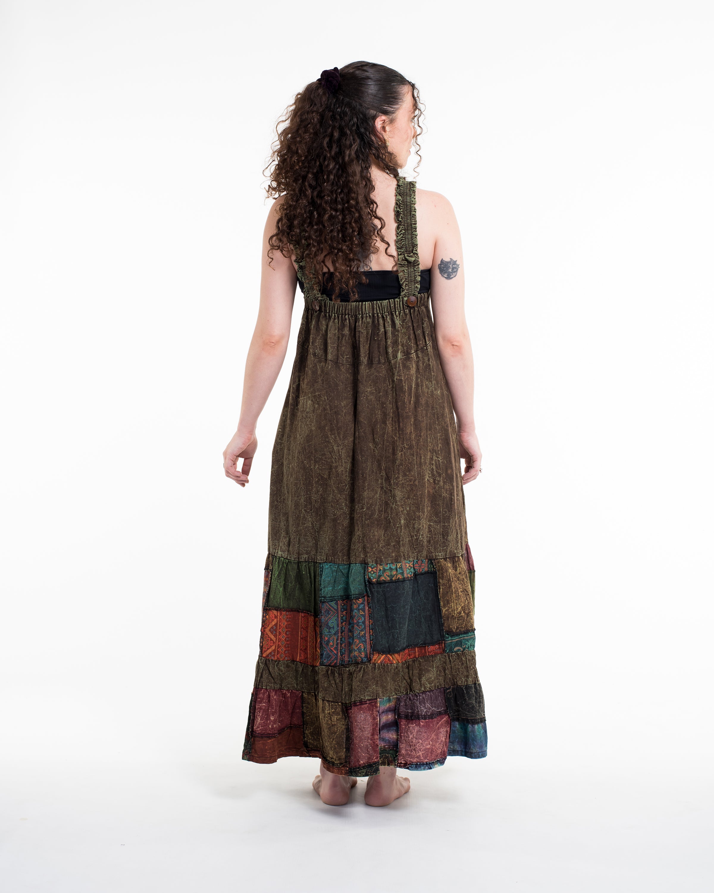 Patchwork Stonewash Overall Dress in Multi Olive
