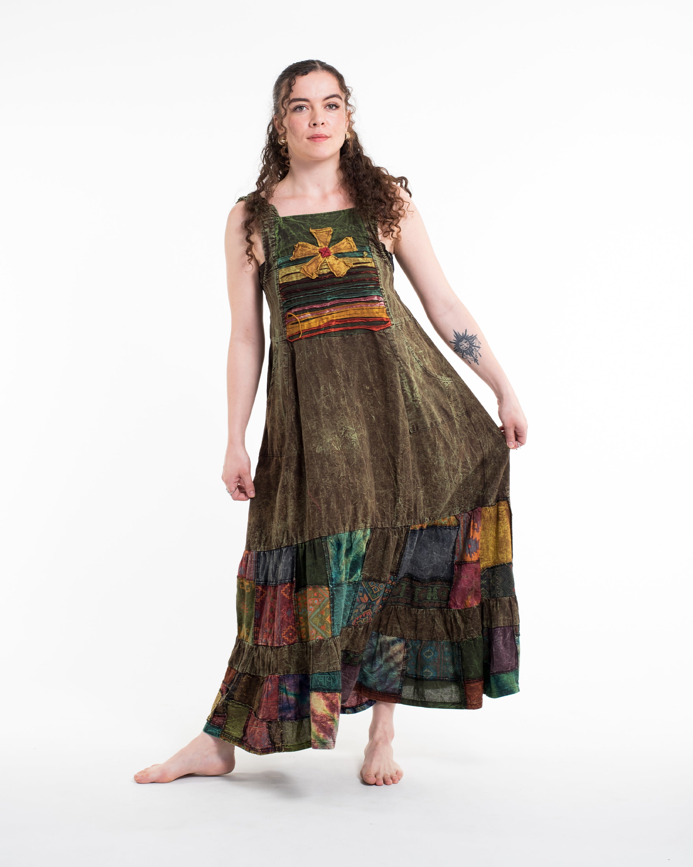 Patchwork Stonewash Overall Dress in Multi Olive