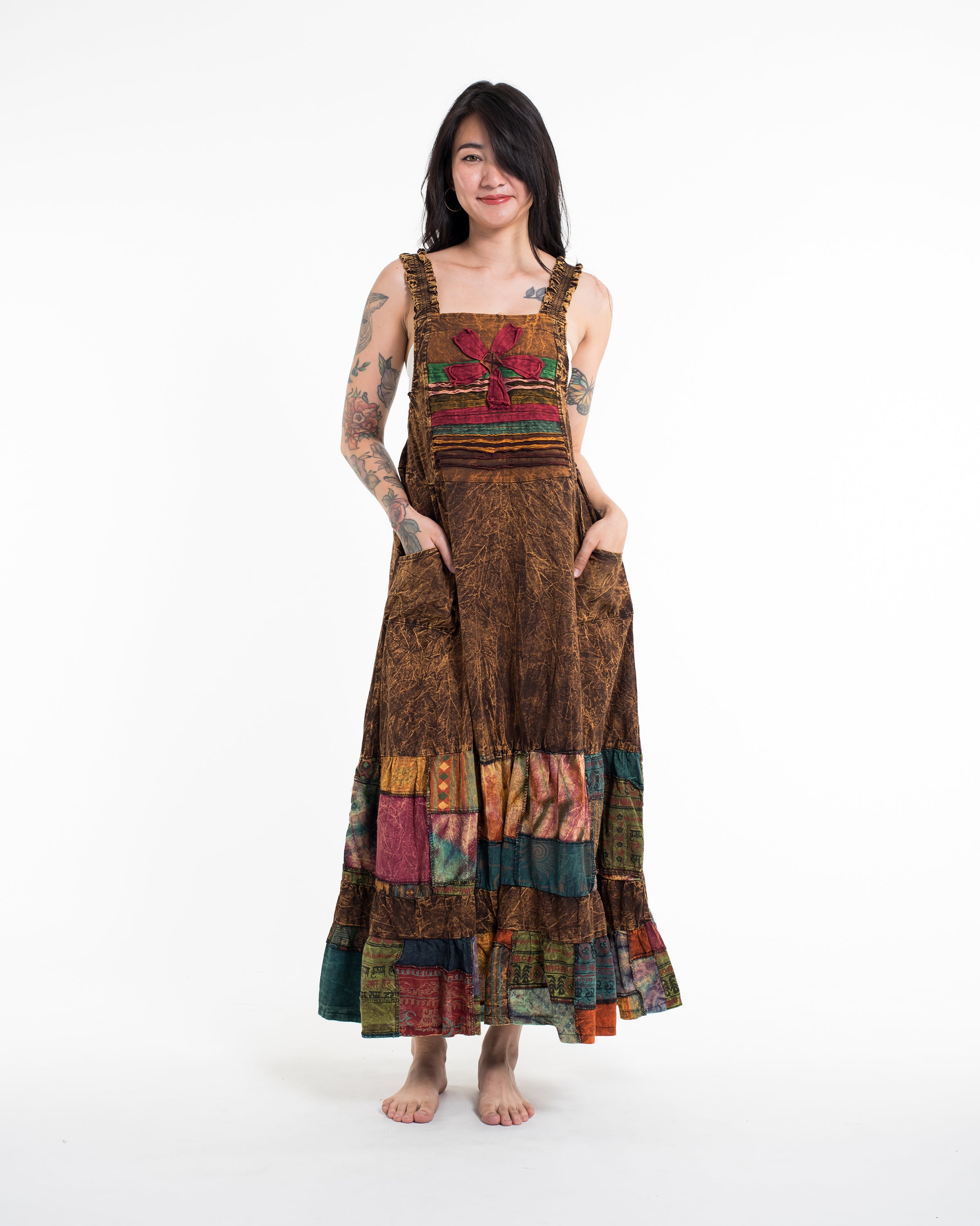 Patchwork Stonewash Overall Dress in Multi Rust