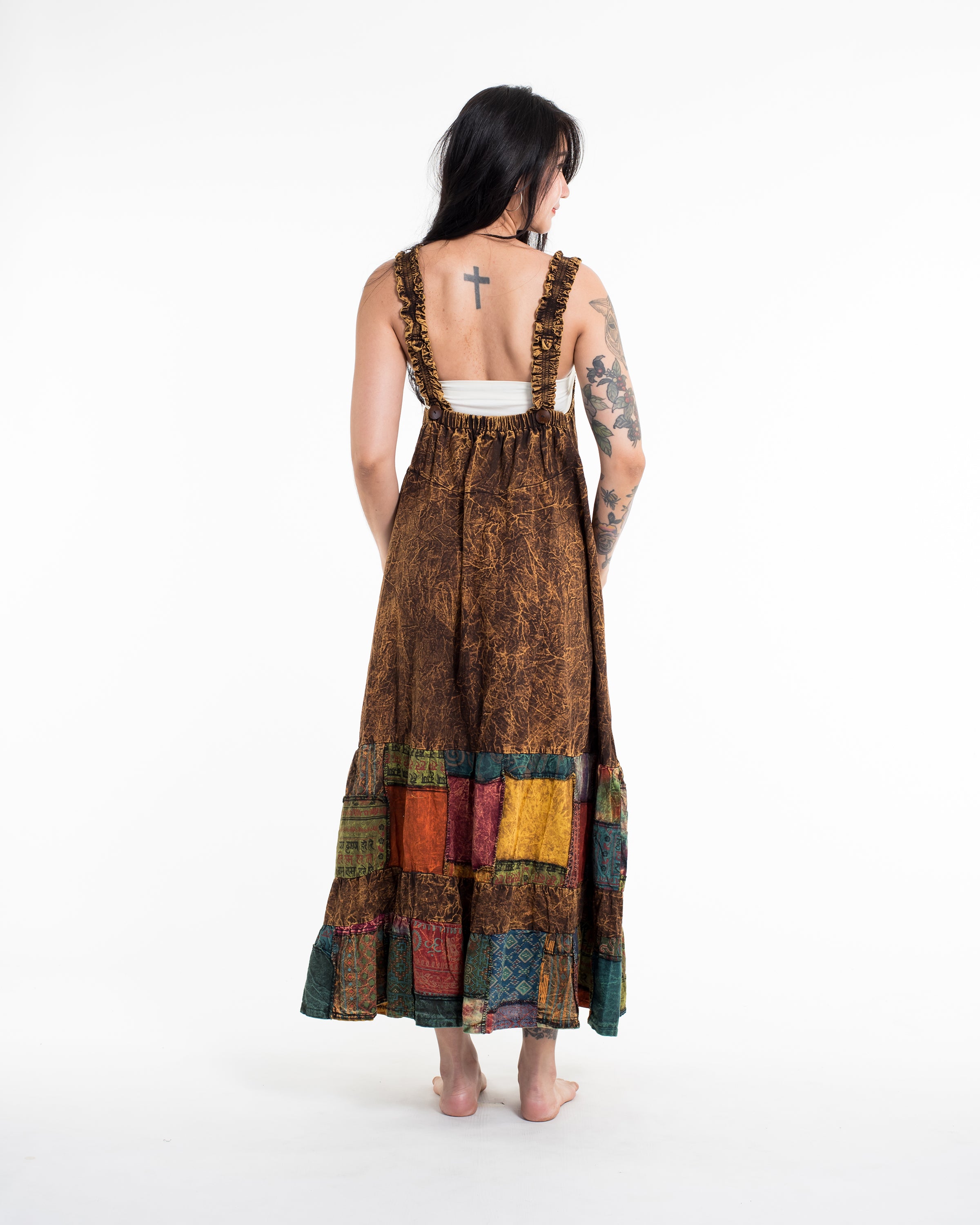 Patchwork Stonewash Overall Dress in Multi Rust