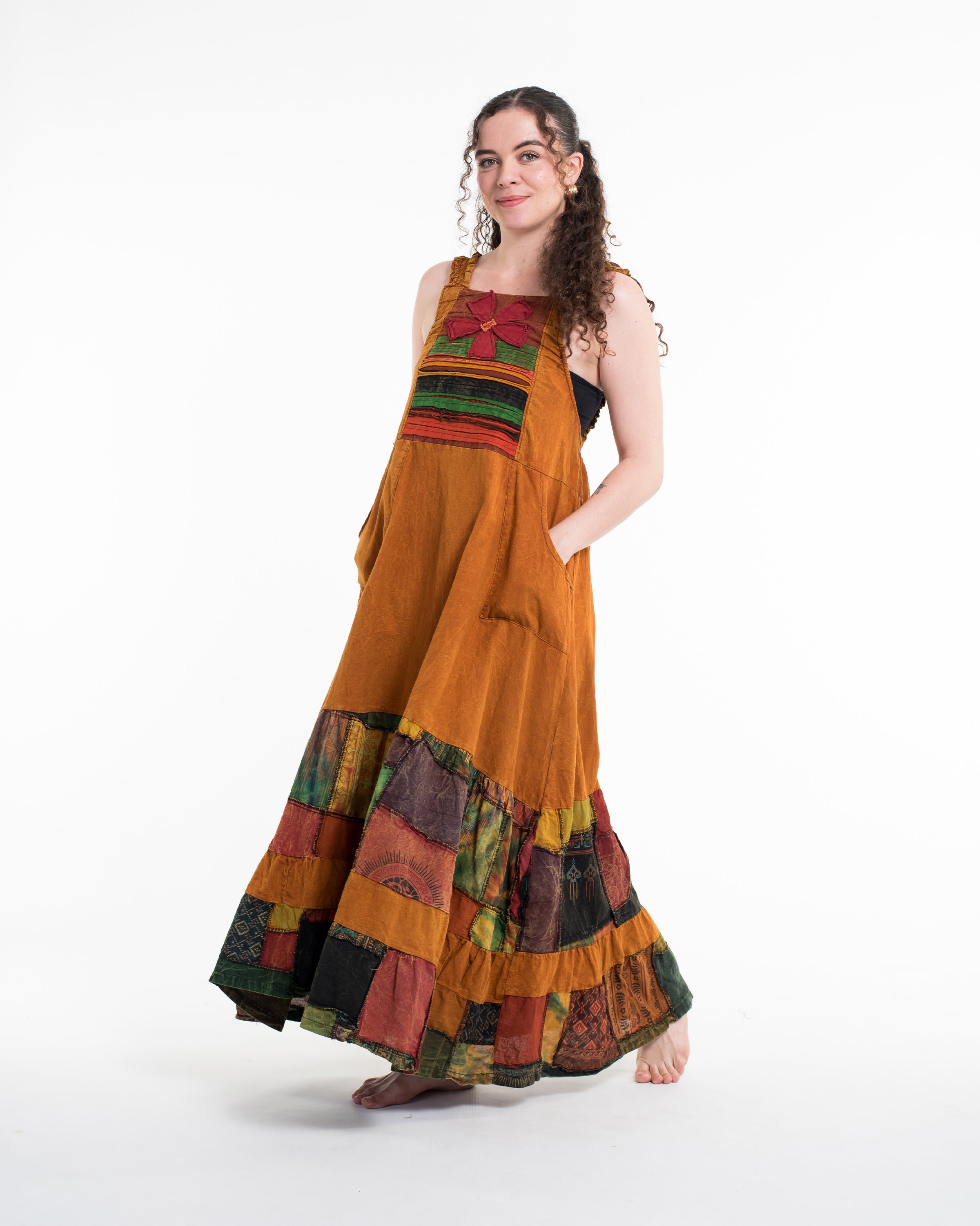 Patchwork Stonewash Overall Dress in Multi Yellow