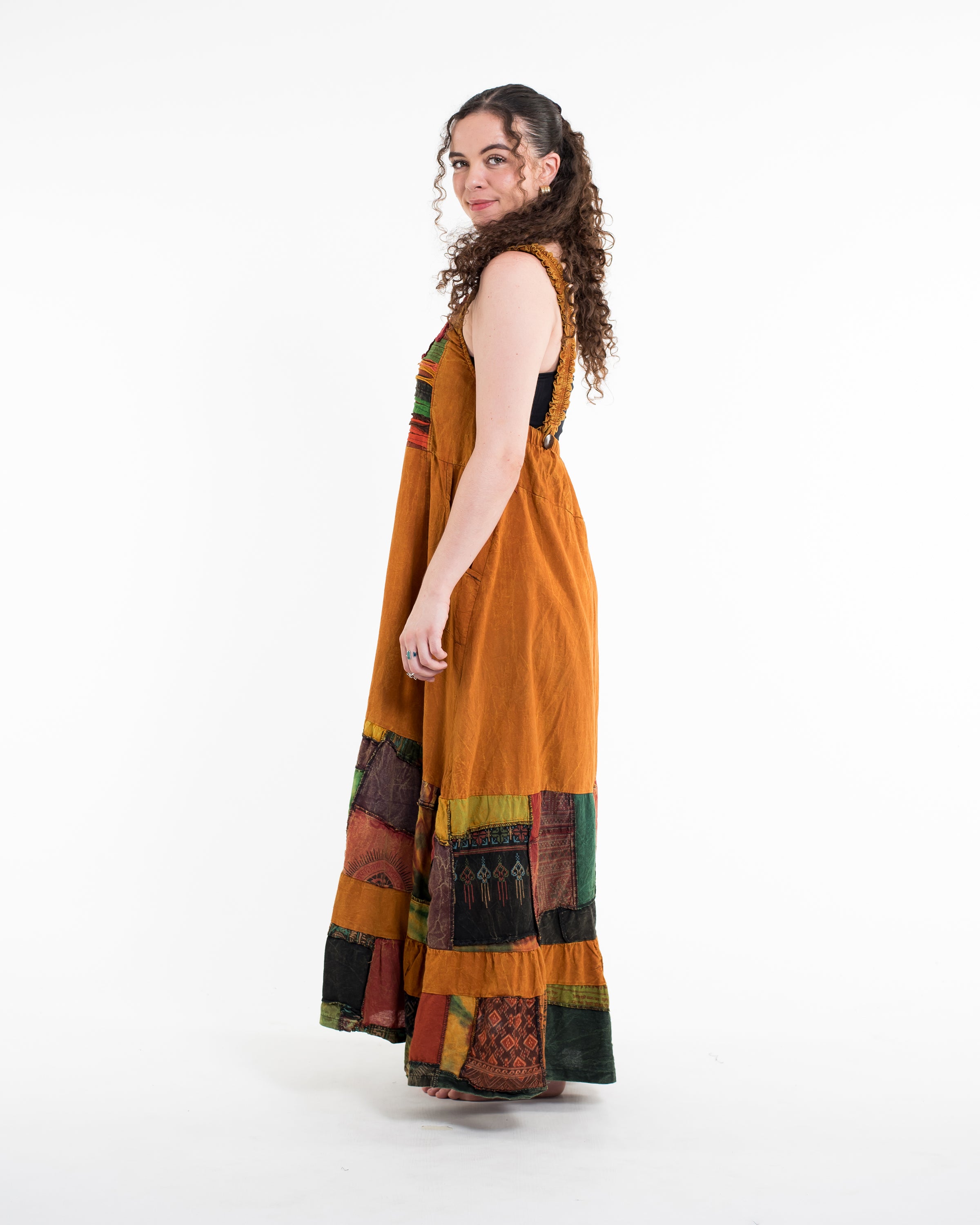 Patchwork Stonewash Overall Dress in Multi Yellow