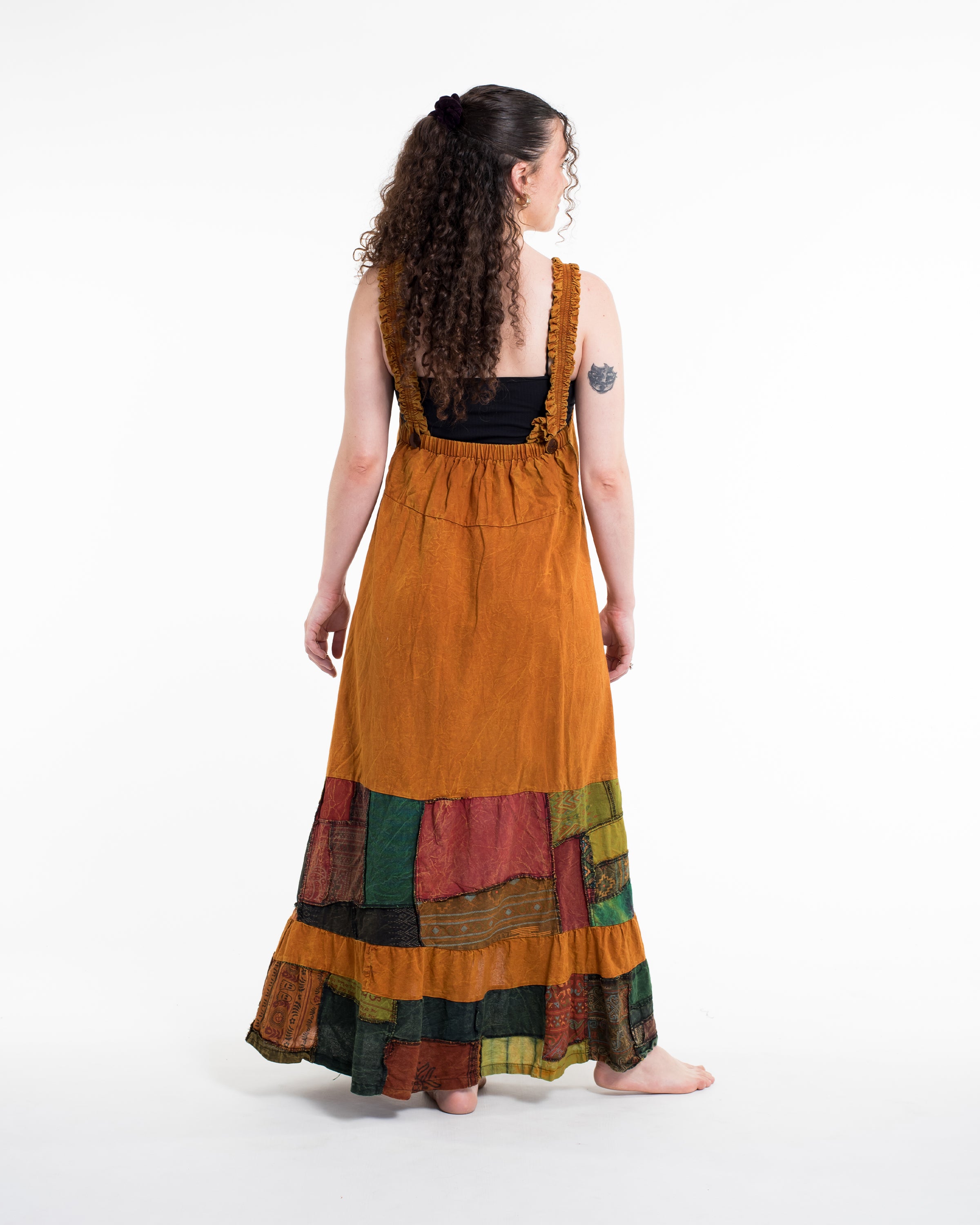Patchwork Stonewash Overall Dress in Multi Yellow