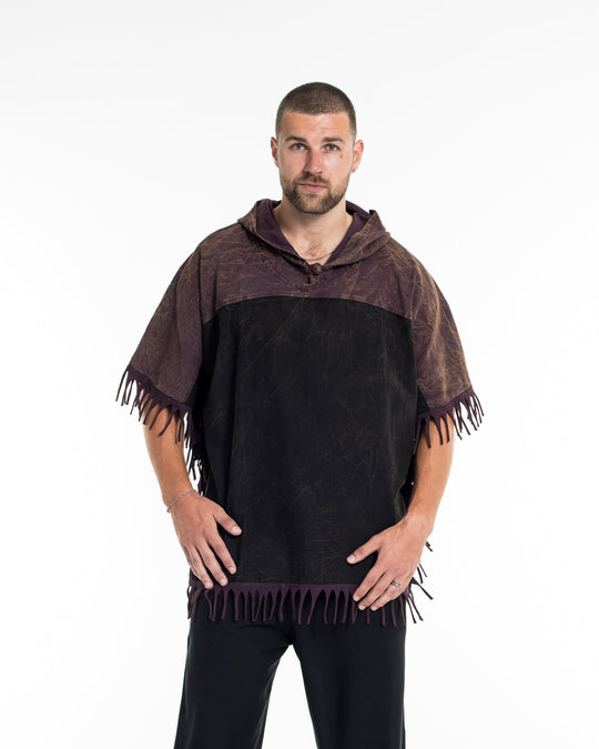 Unisex Stonewash Hooded Poncho in Black Purple