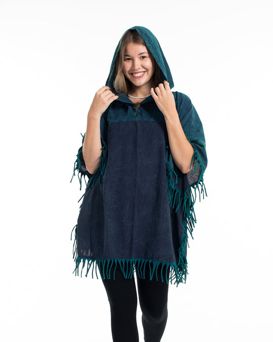 Unisex Stonewash Hooded Poncho in Blue