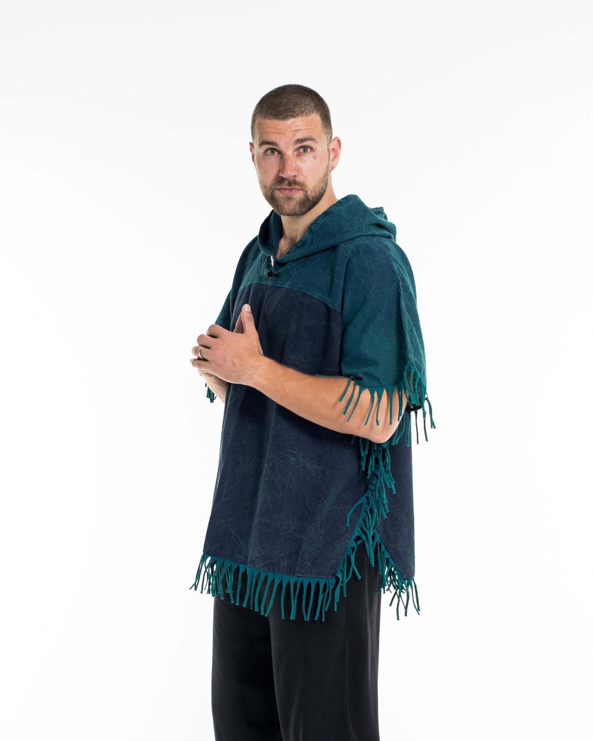 Unisex Stonewash Hooded Poncho in Blue