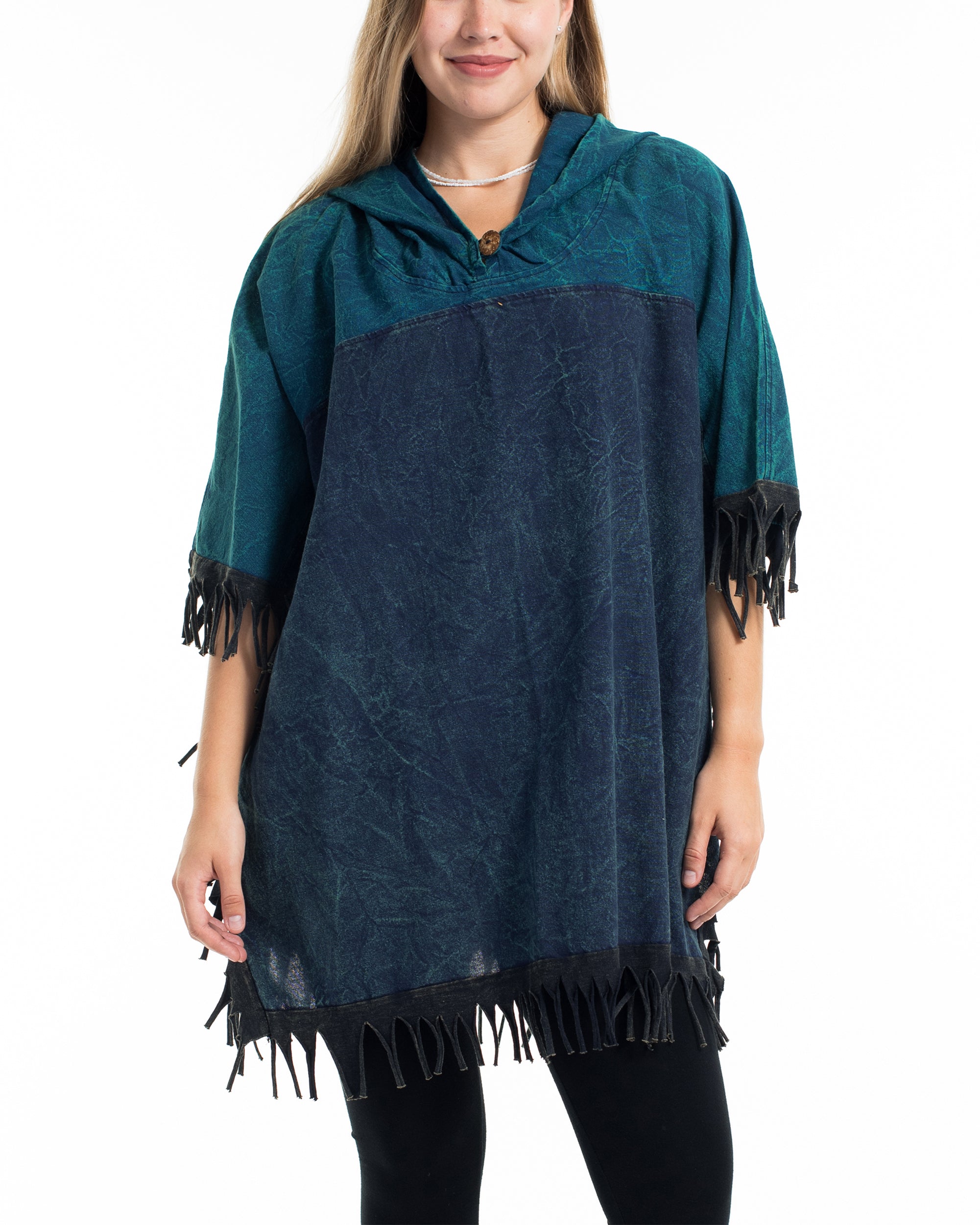 Unisex Stonewash Hooded Poncho in Blue