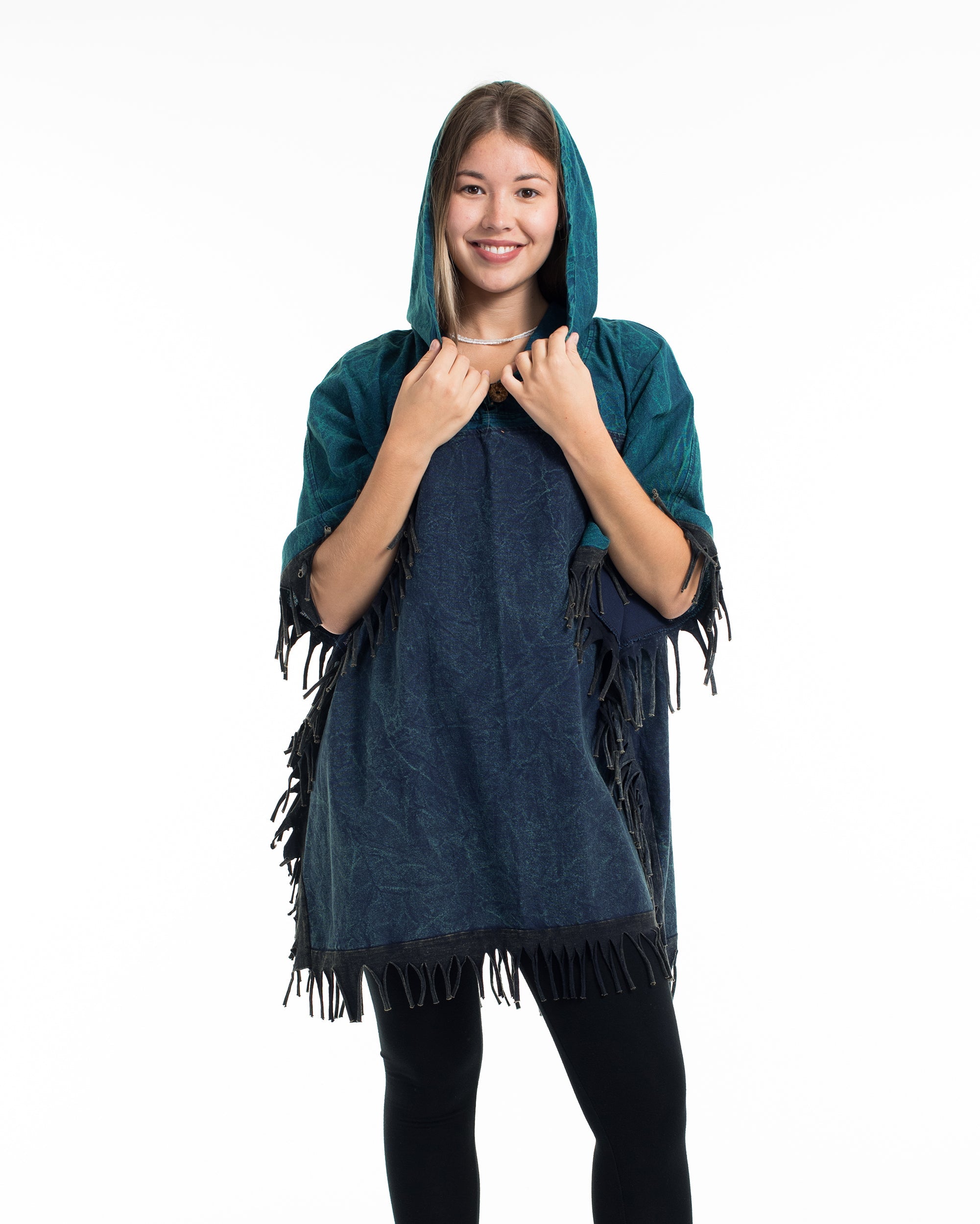 Unisex Stonewash Hooded Poncho in Blue