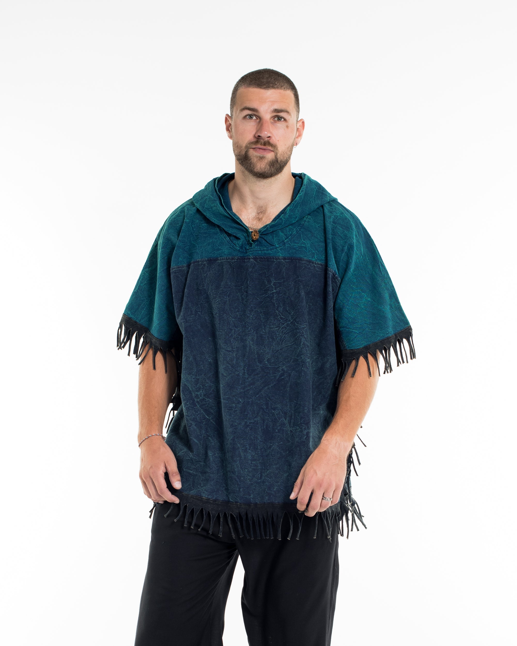 Unisex Stonewash Hooded Poncho in Blue