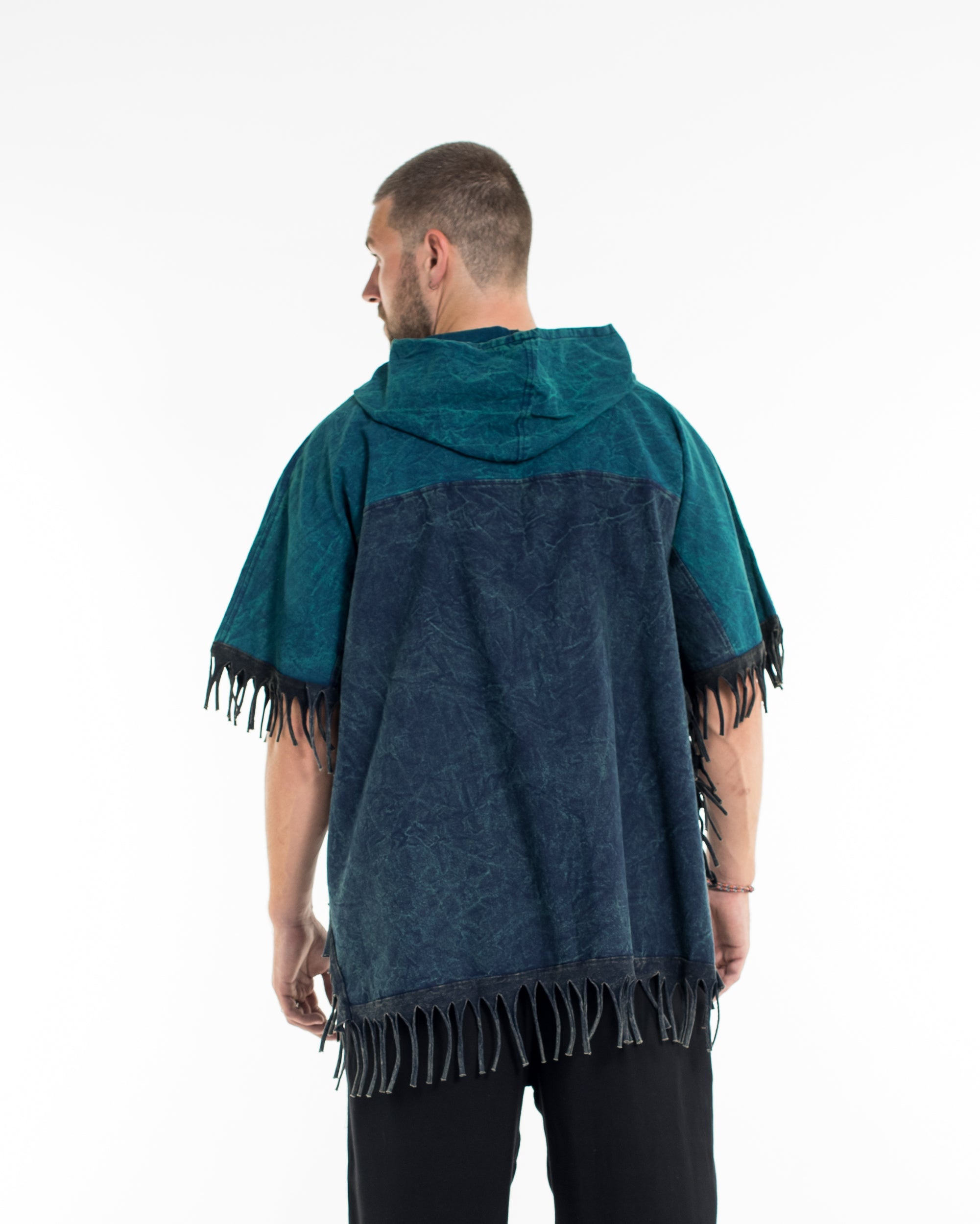 Unisex Stonewash Hooded Poncho in Blue