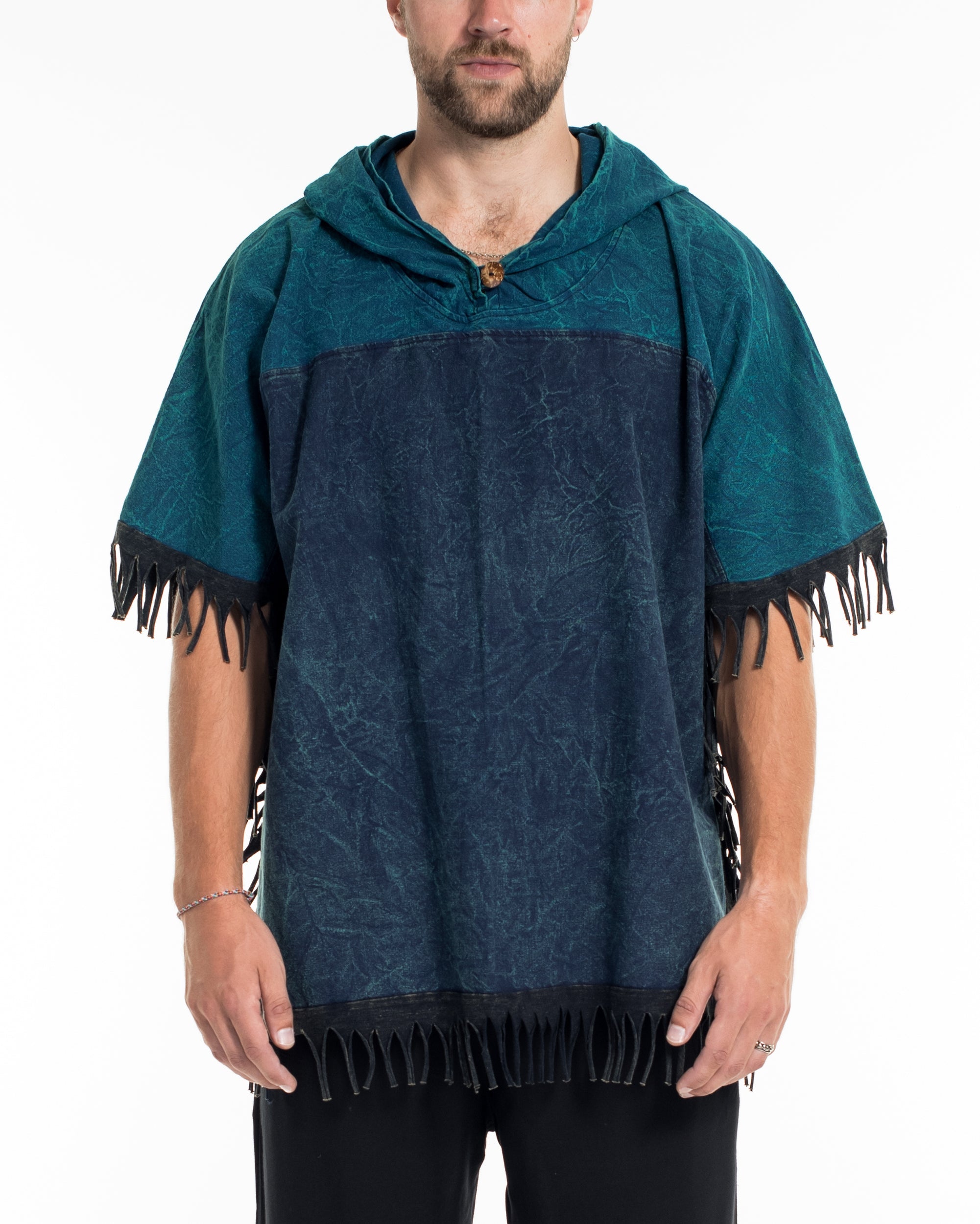 Unisex Stonewash Hooded Poncho in Blue