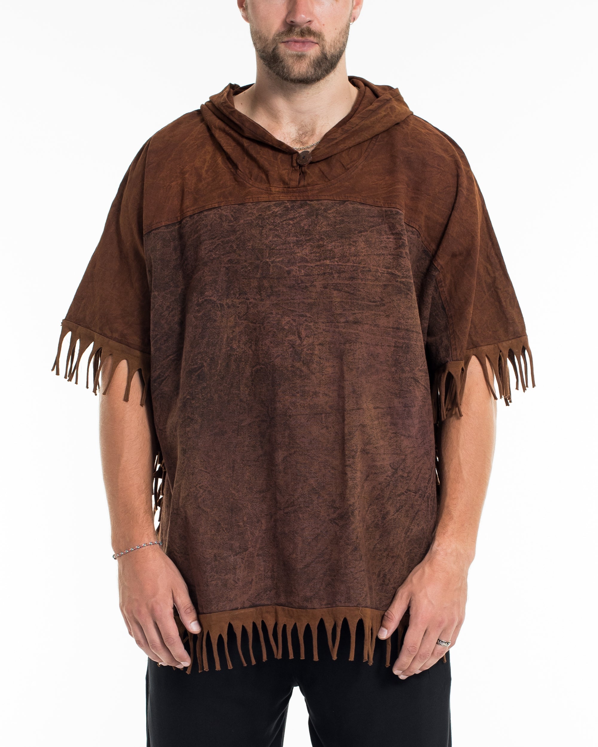 Unisex Stonewash Hooded Poncho in Brown