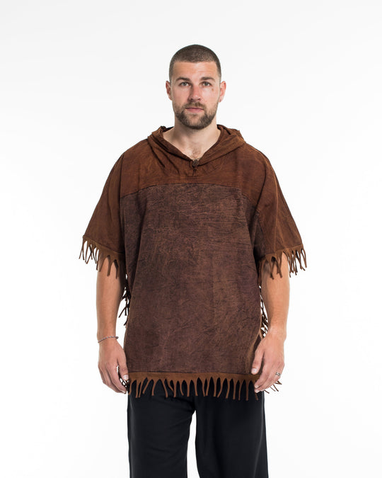 Unisex Stonewash Hooded Poncho in Brown