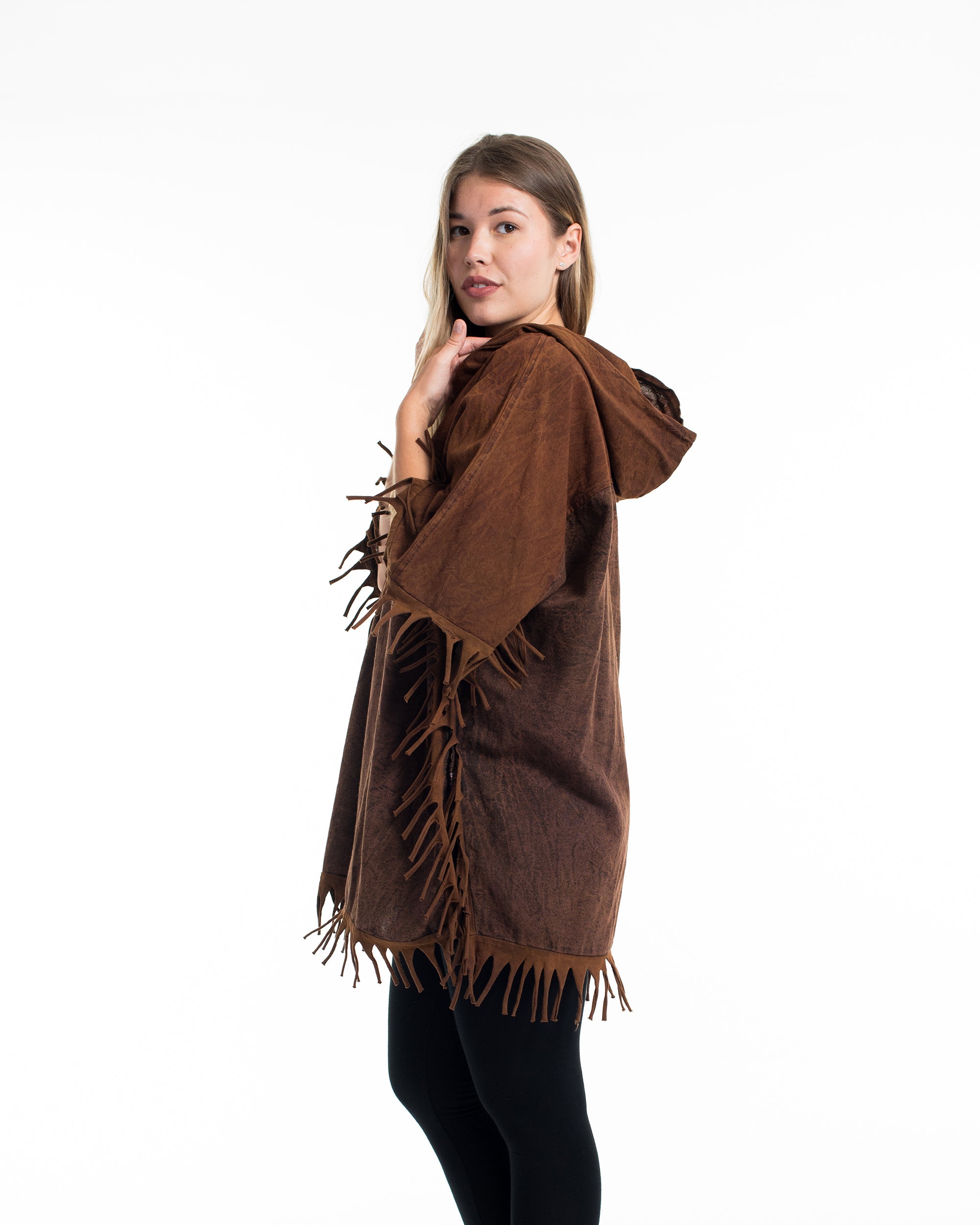 Unisex Stonewash Hooded Poncho in Brown