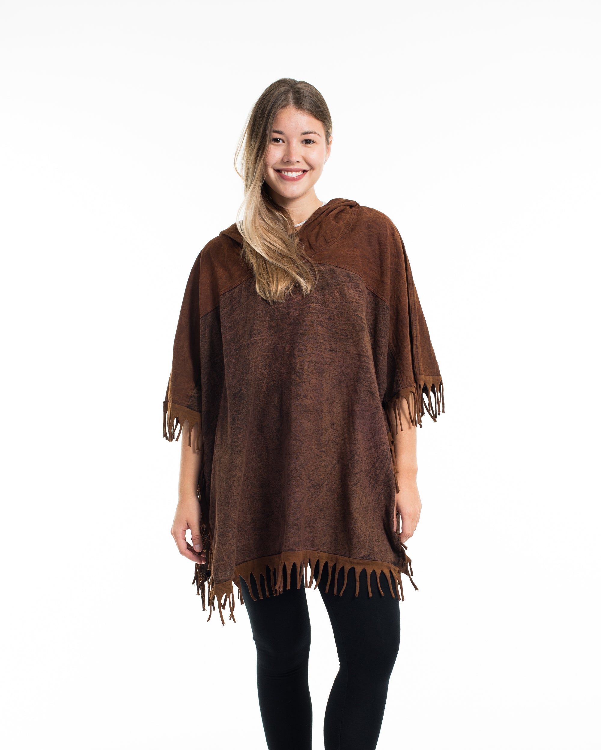 Unisex Stonewash Hooded Poncho in Brown
