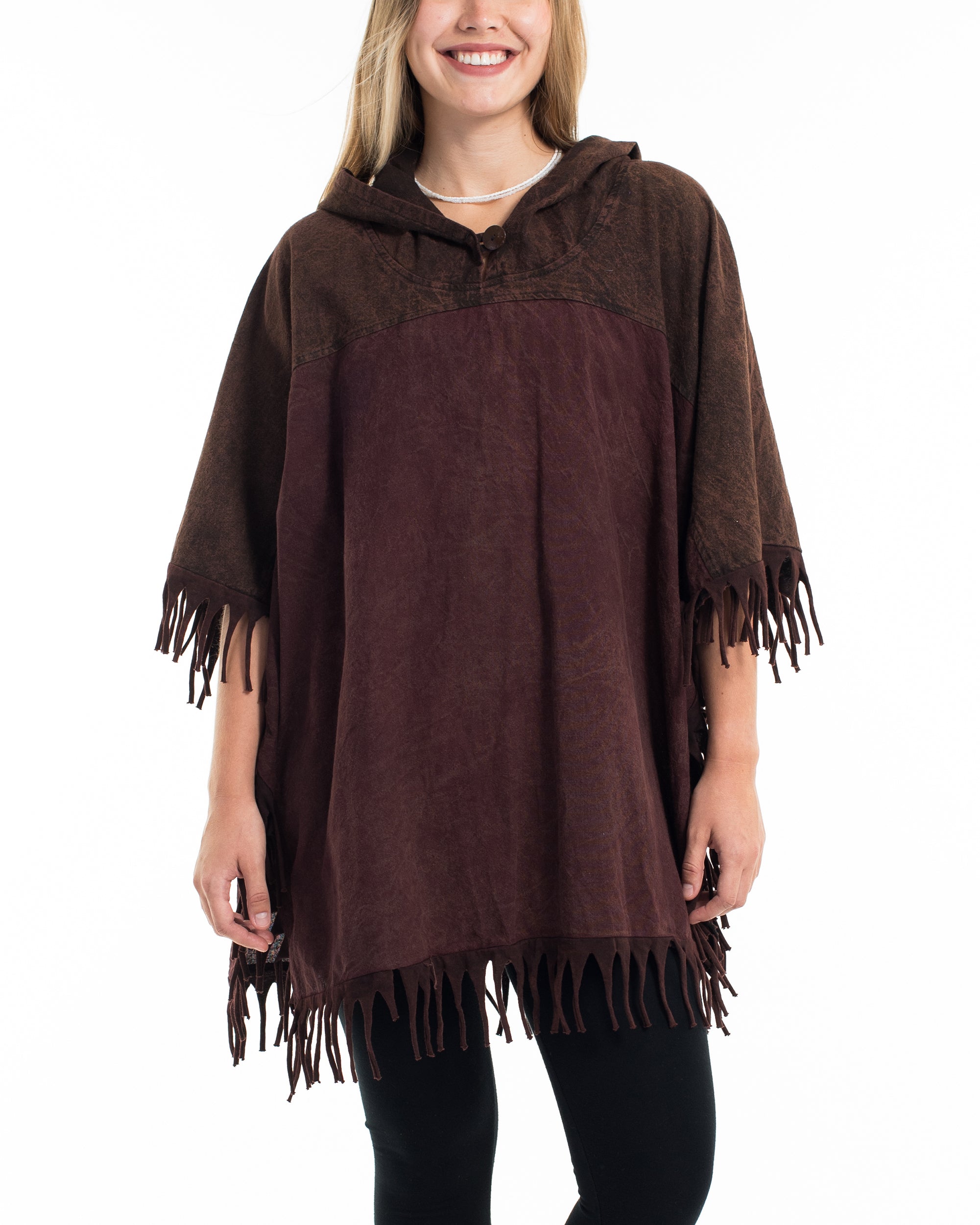 Unisex Stonewash Hooded Poncho in Dark Brown