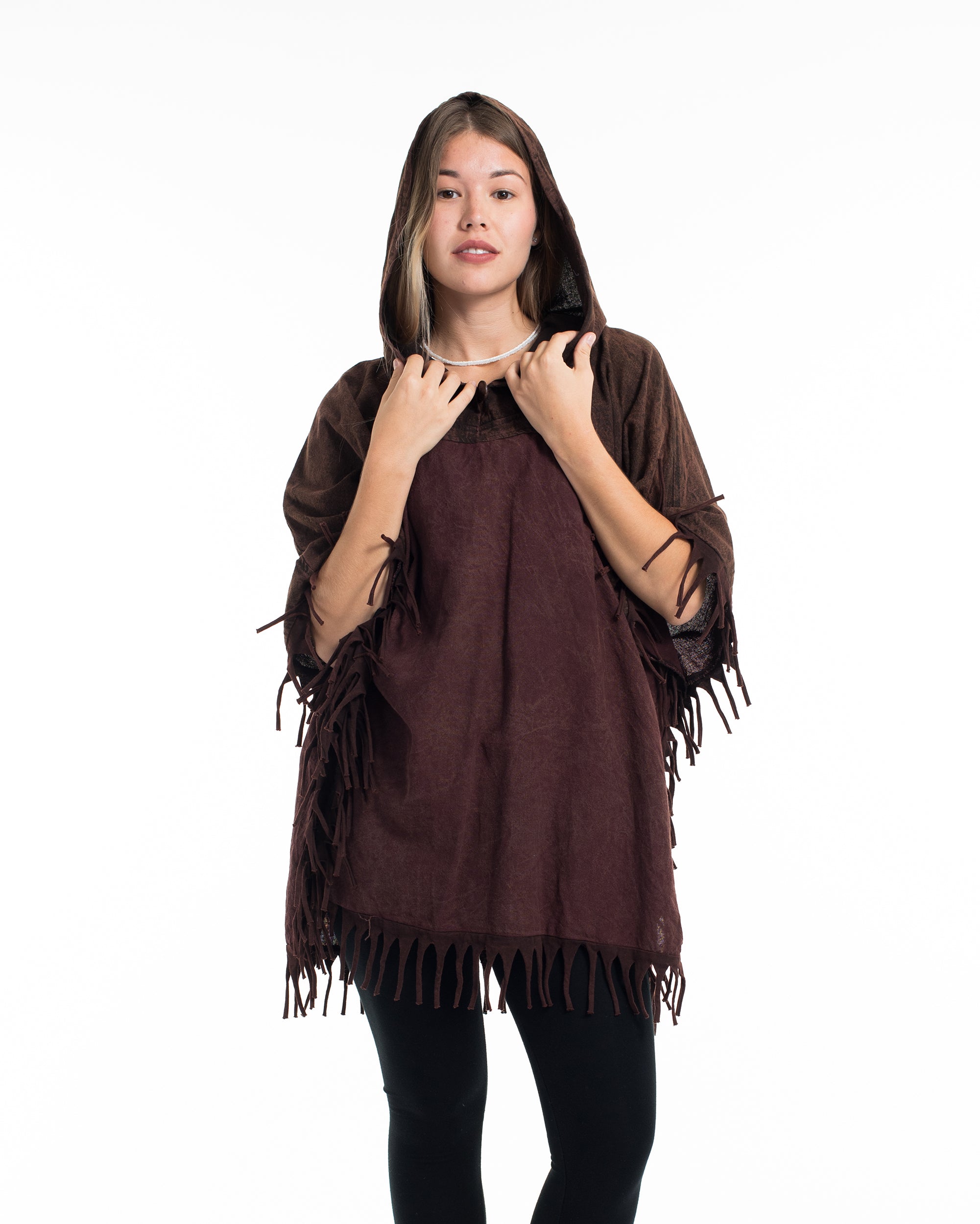 Unisex Stonewash Hooded Poncho in Dark Brown