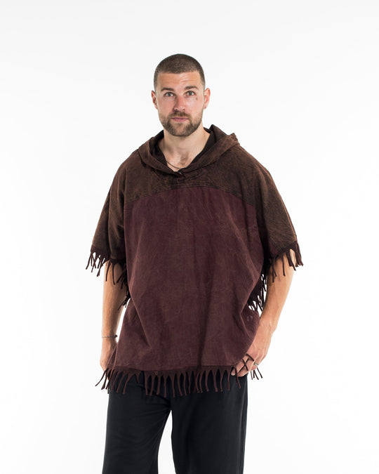 Unisex Stonewash Hooded Poncho in Dark Brown