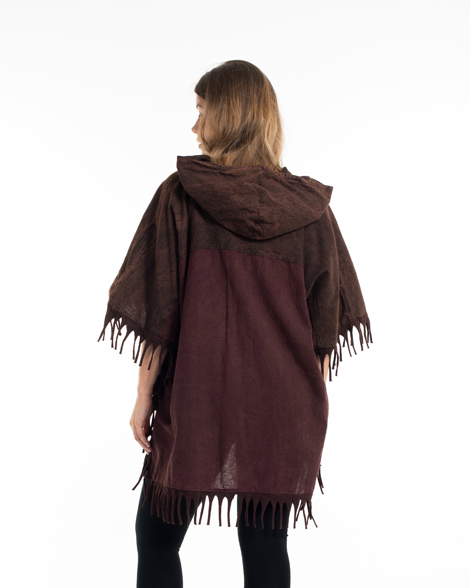 Unisex Stonewash Hooded Poncho in Dark Brown