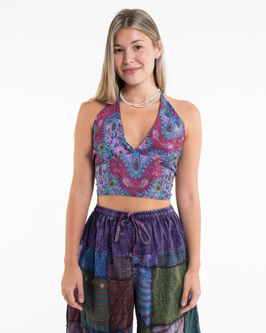 Paisley Halter Crop Top in Midnight Orchid