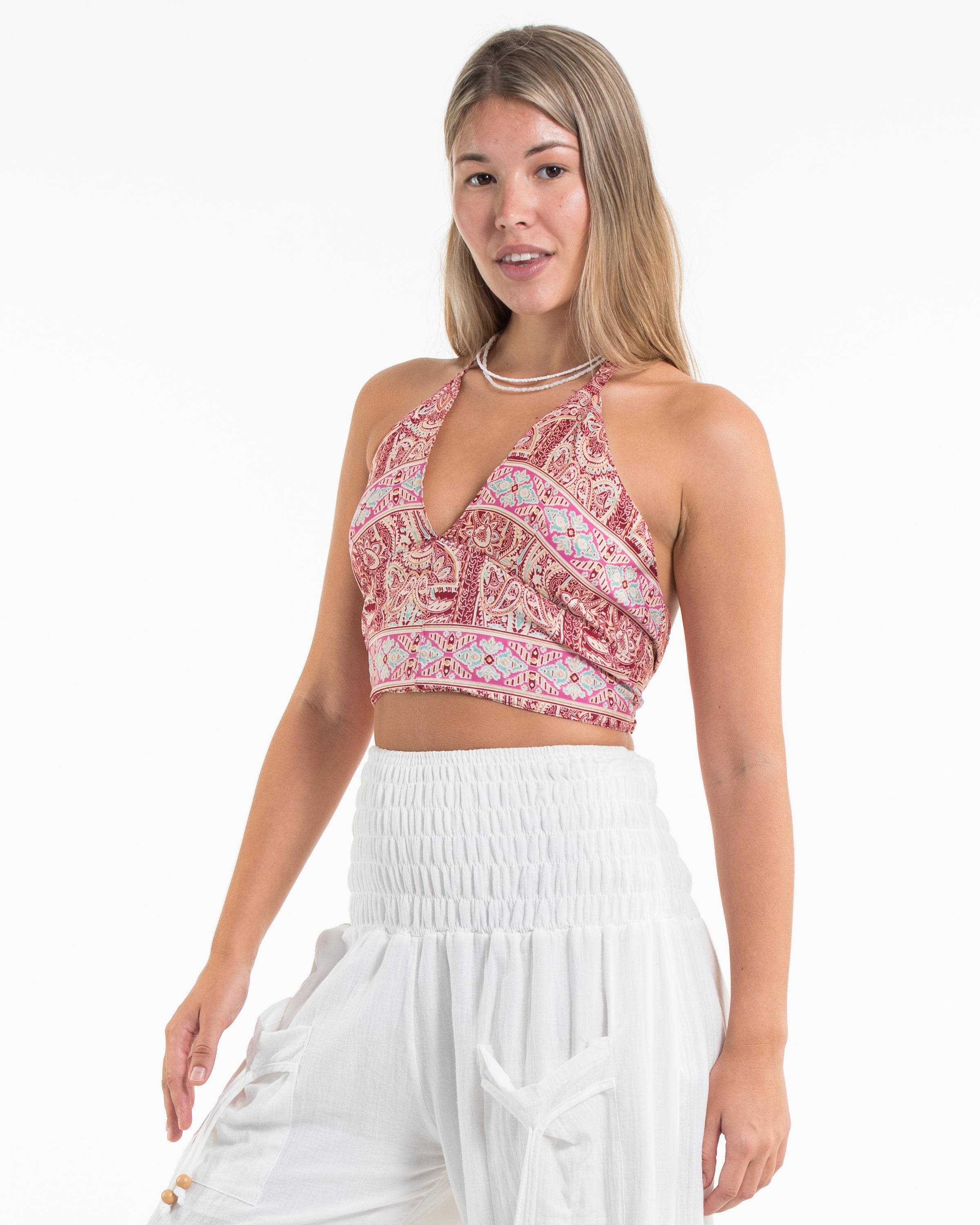 Paisley Halter Crop Top in Saffron Red (Petite)