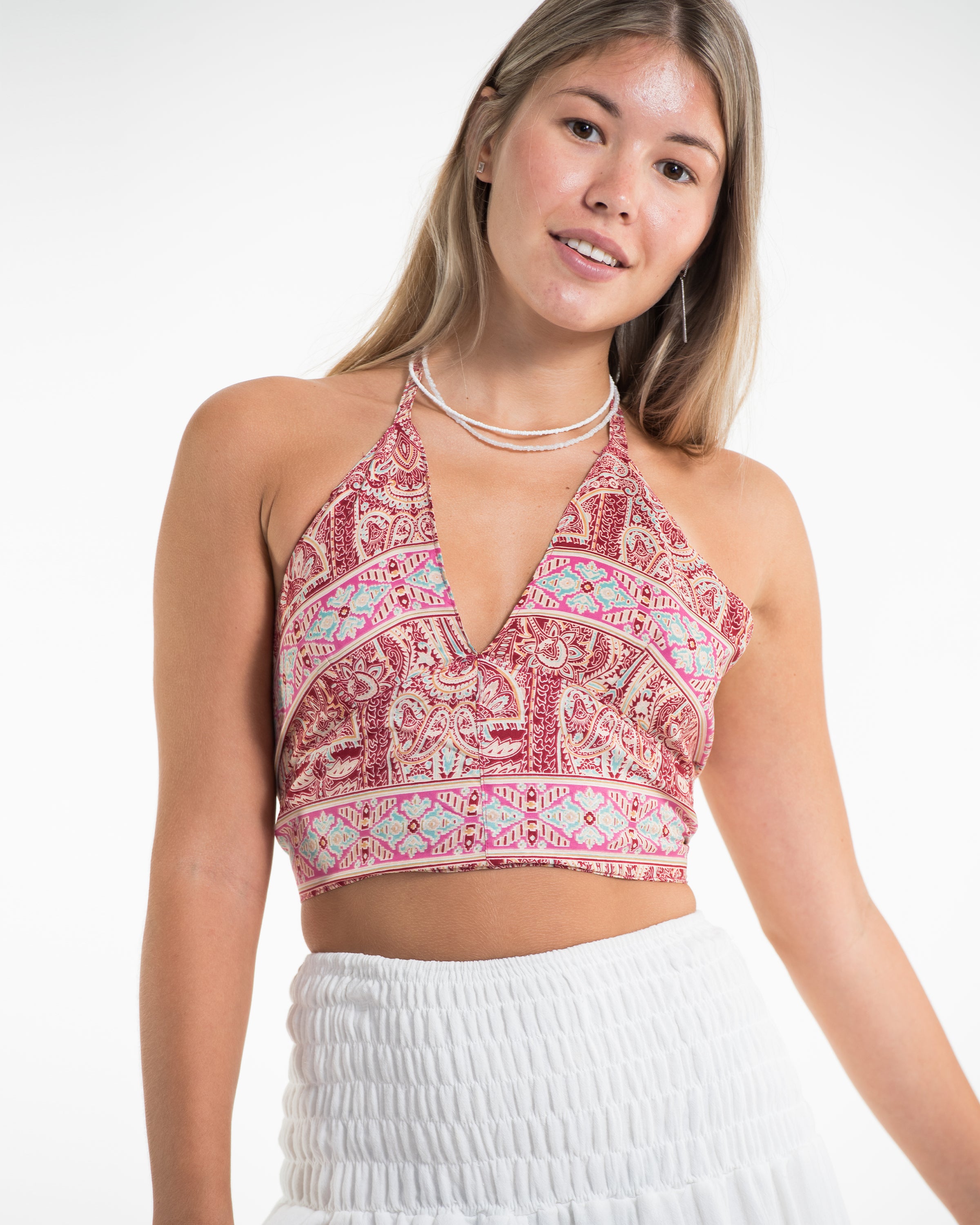Paisley Halter Crop Top in Saffron Red (Petite)