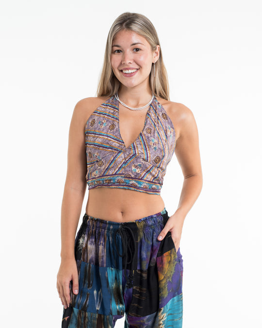 Floral Halter Crop Top in Lilac Gold