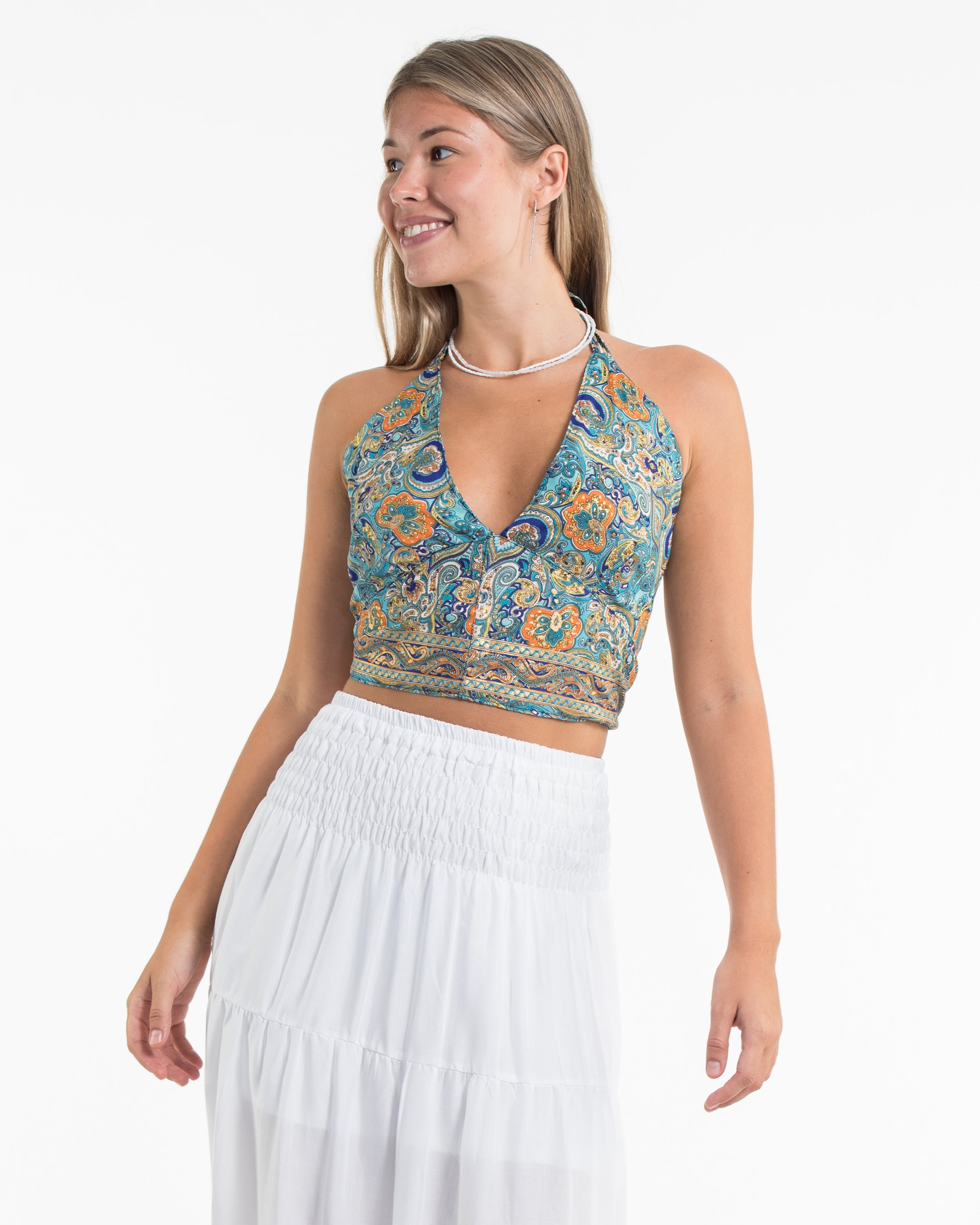 Paisley Halter Crop Top in Royal Sky