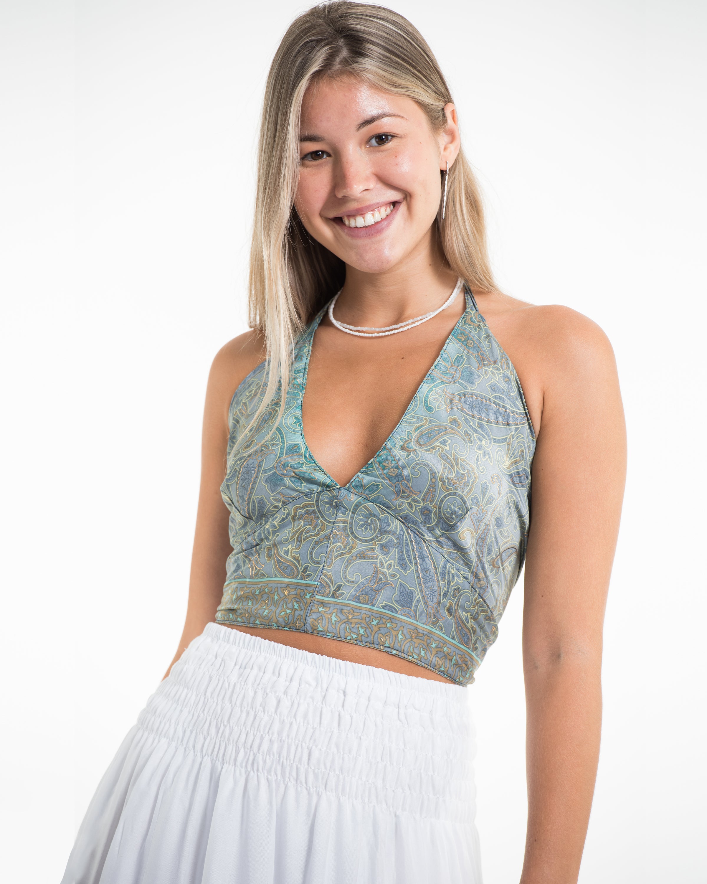Paisley Halter Crop Top in Silver Mist