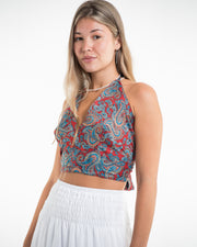 Paisley Halter Crop Top in Ruby Blue
