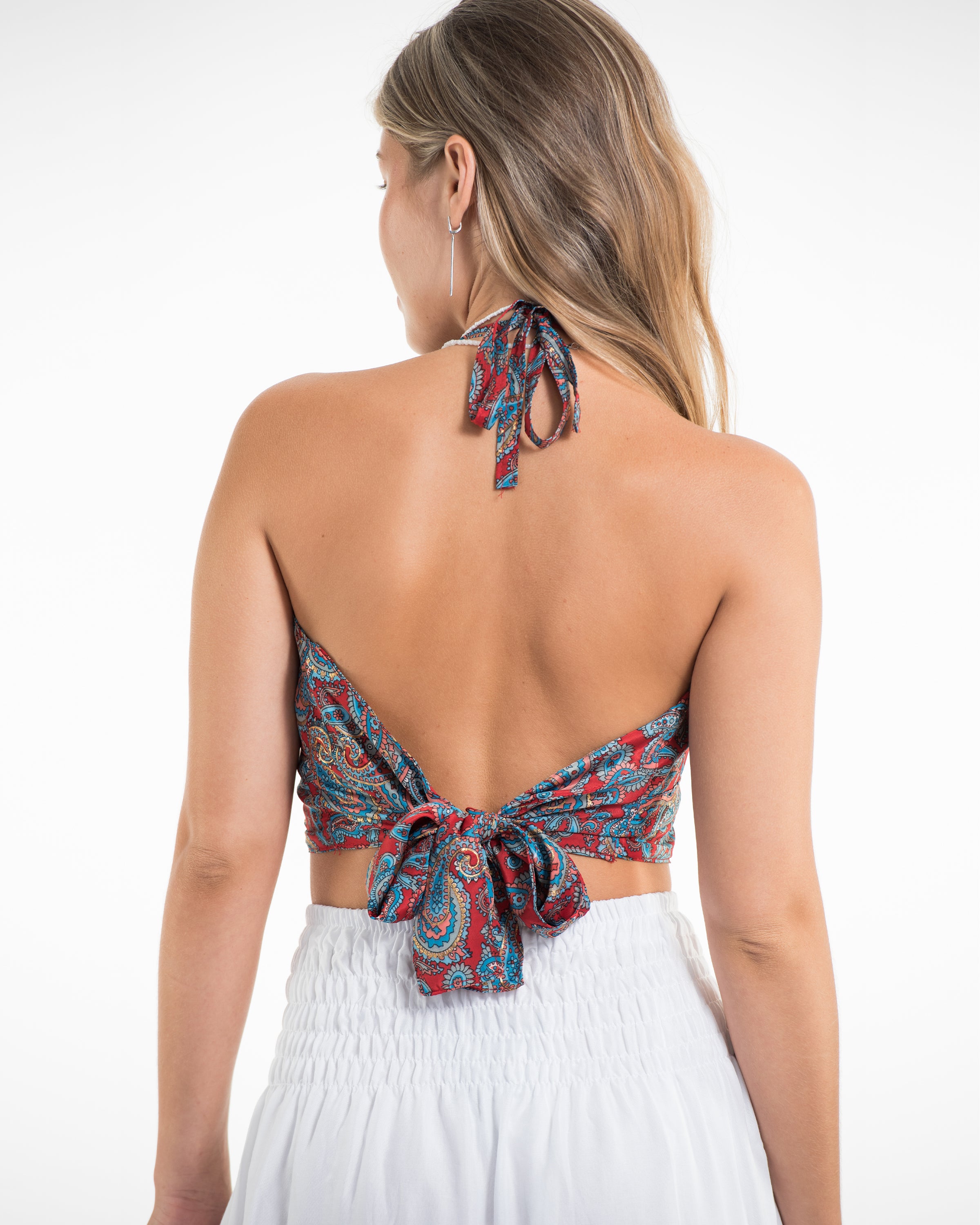 Paisley Halter Crop Top in Ruby Blue