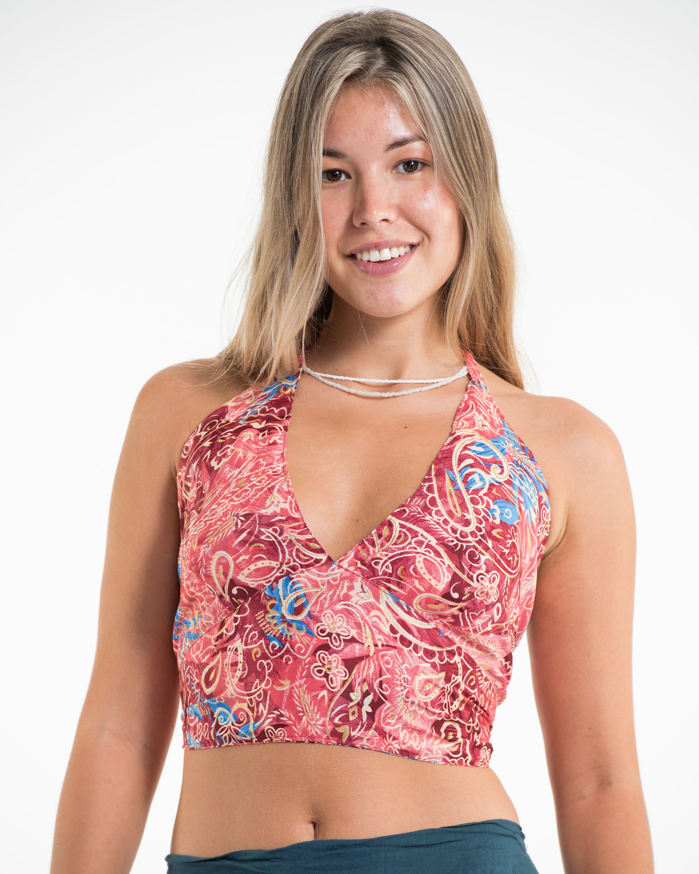 Paisley Halter Crop Top in Rosy Bloom