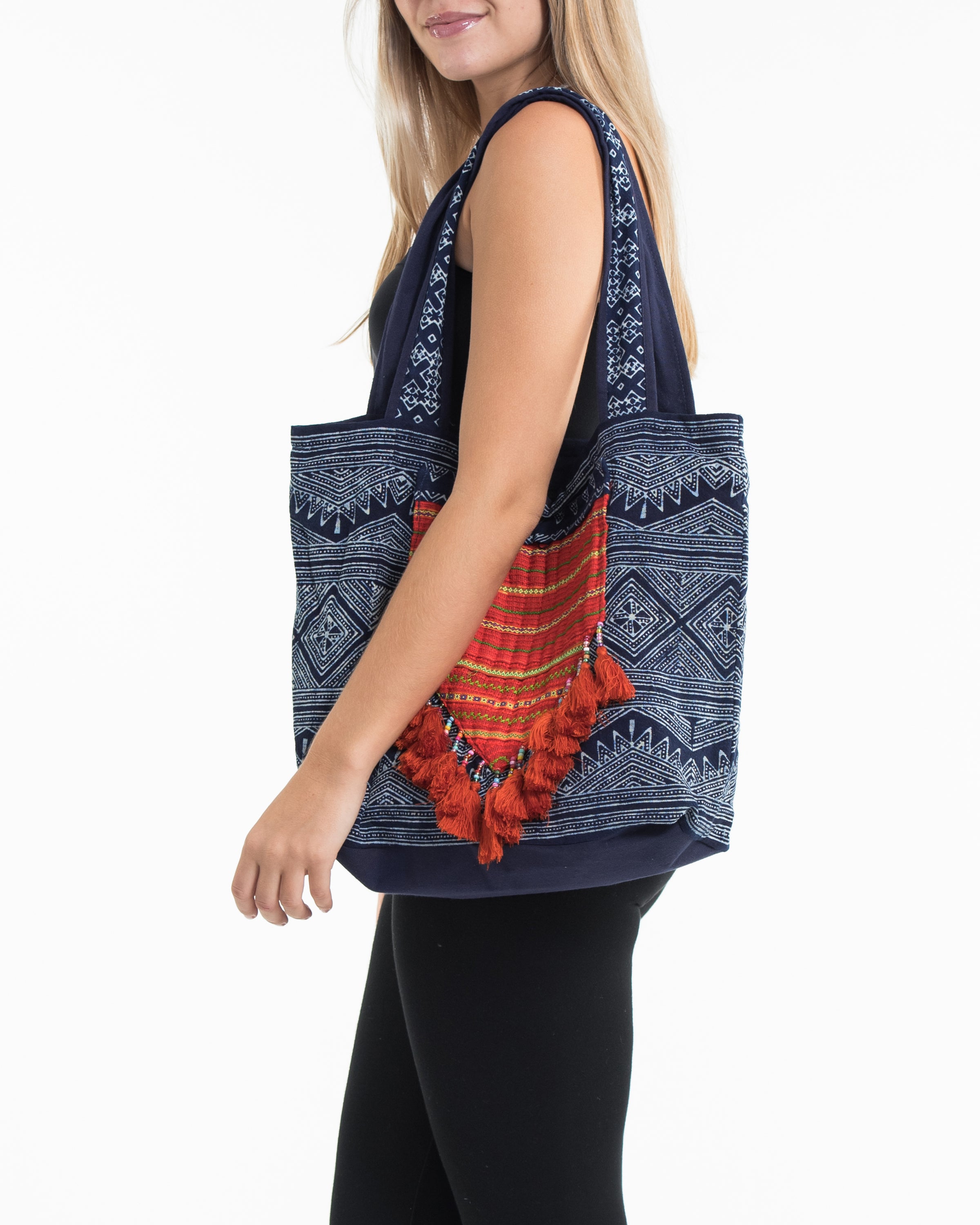 Hmong Indigo Batik and Embroidered Tote Bag with Orange Tassels