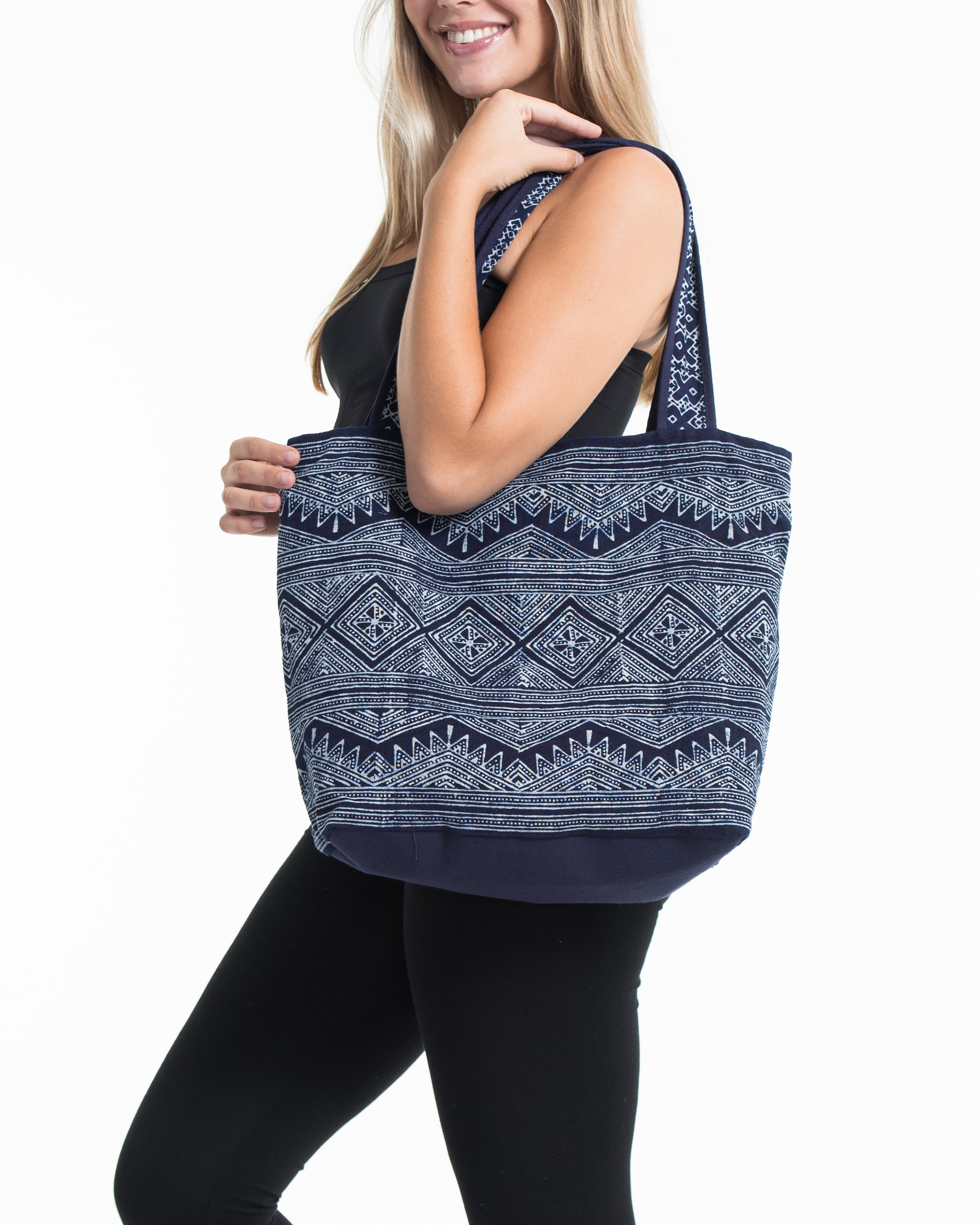 Hmong Indigo Batik and Embroidered Tote Bag with Orange Tassels