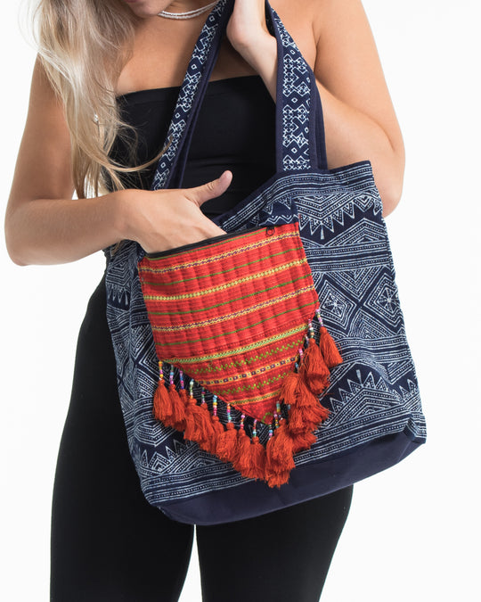 Hmong Indigo Batik and Embroidered Tote Bag with Orange Tassels