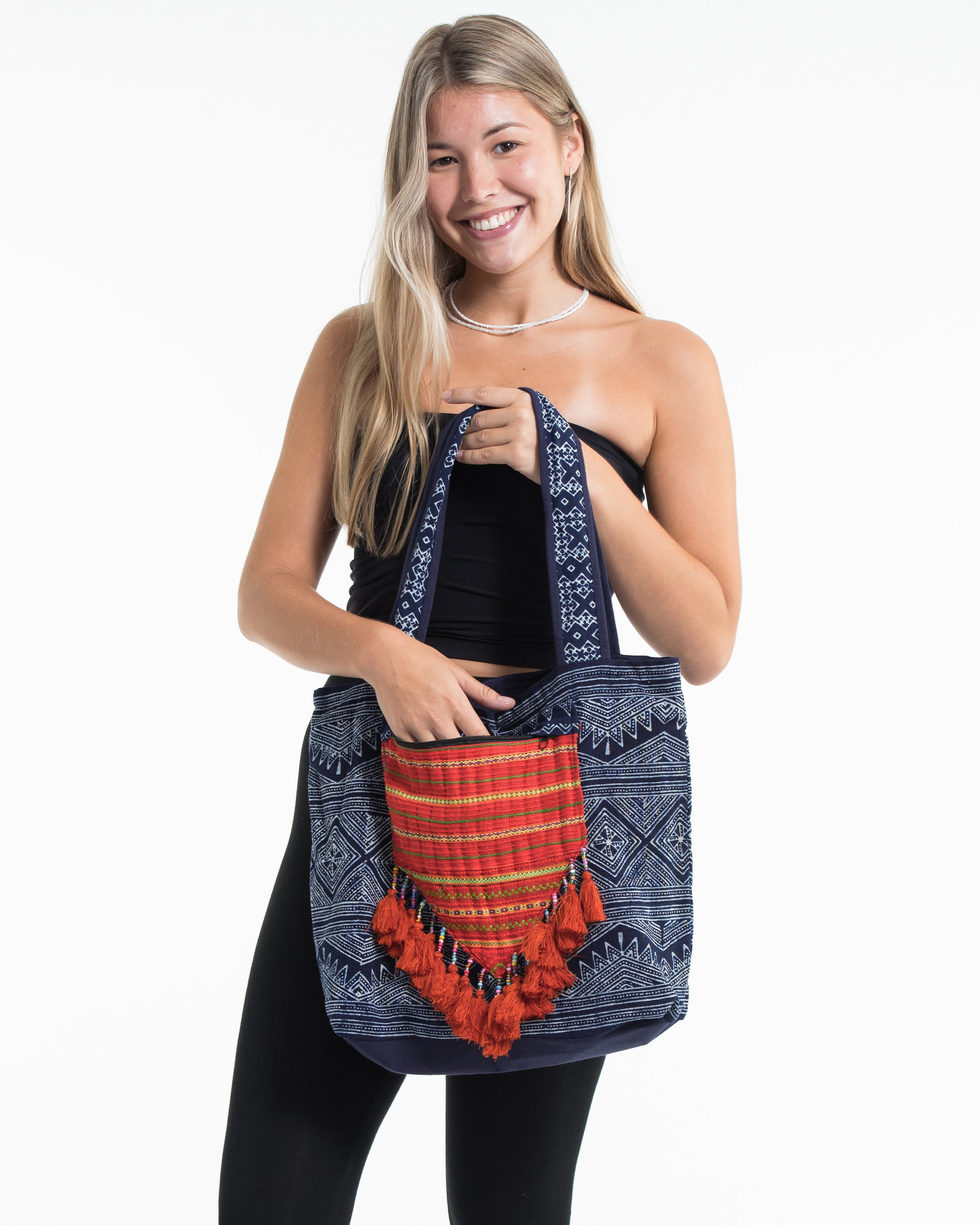 Hmong Indigo Batik and Embroidered Tote Bag with Orange Tassels