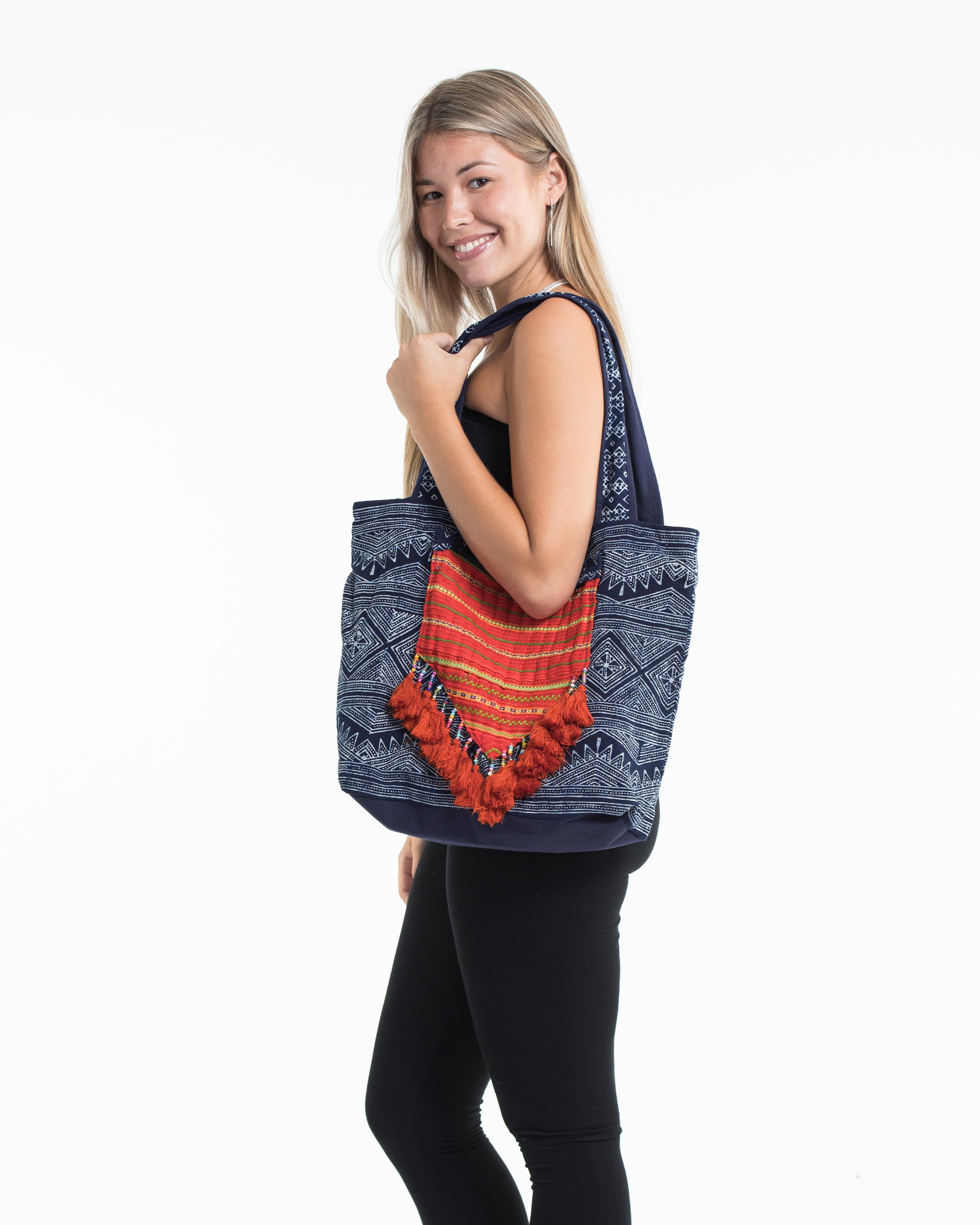 Hmong Indigo Batik and Embroidered Tote Bag with Orange Tassels