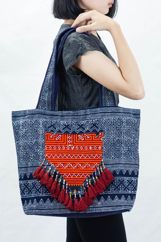 Hmong Indigo Batik and Embroidered Tote Bag with Maroon Tassels